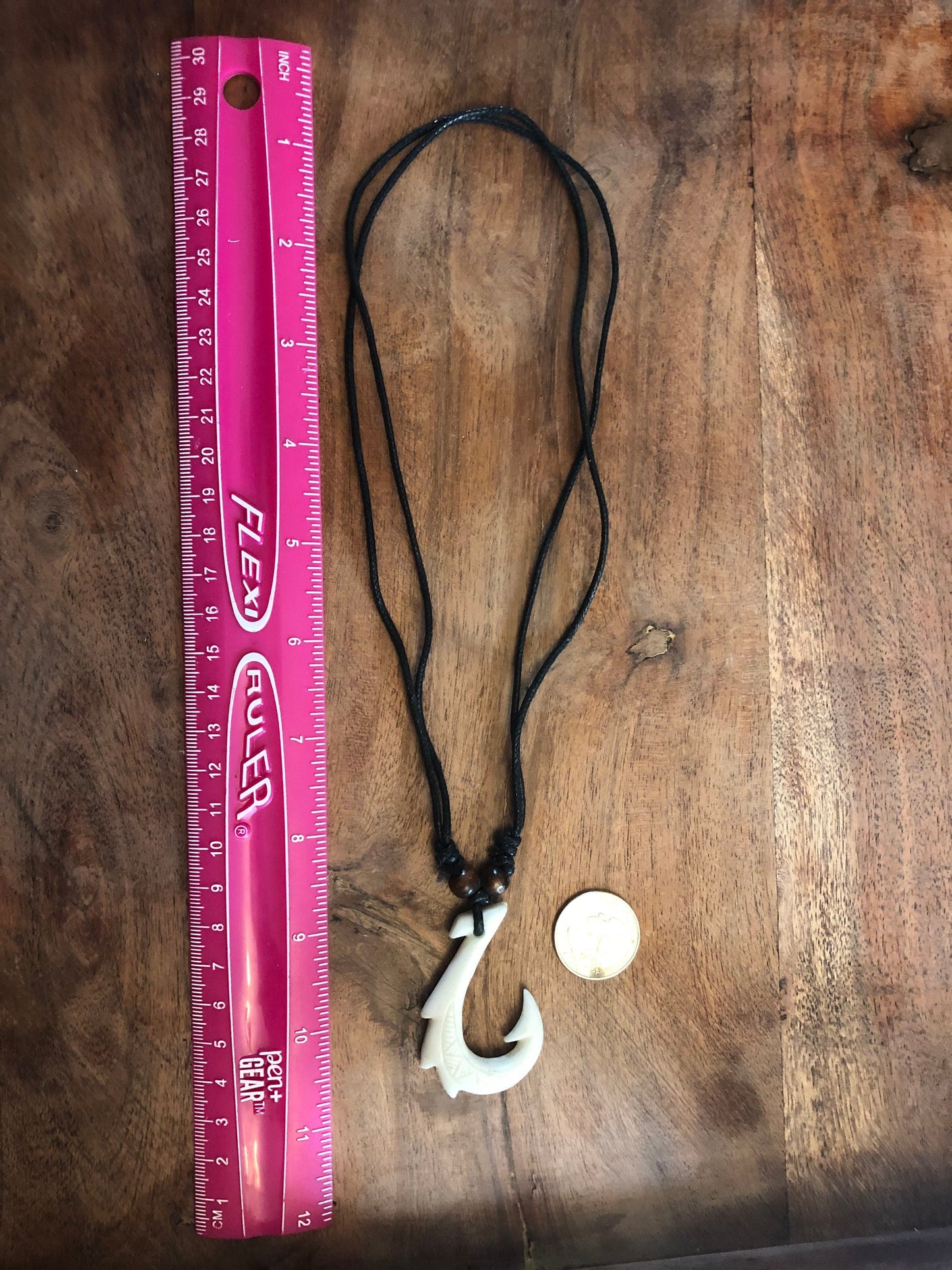Polynesian Makau Fish Hook Necklace, White Bone Resin, Adjustable Boho Surfer Style