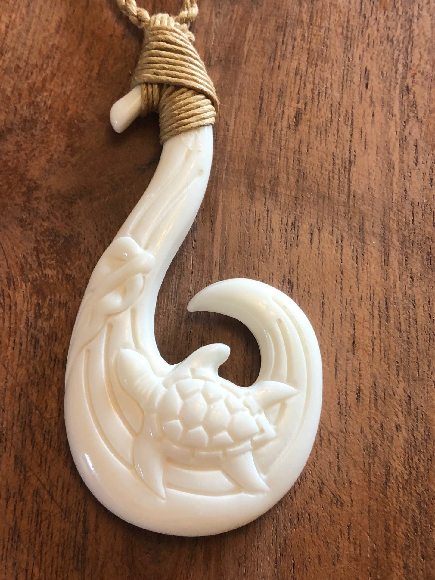 Hand Carved Buffalo Bone Fish Hook Necklace - Honu Sea Turtle Makau