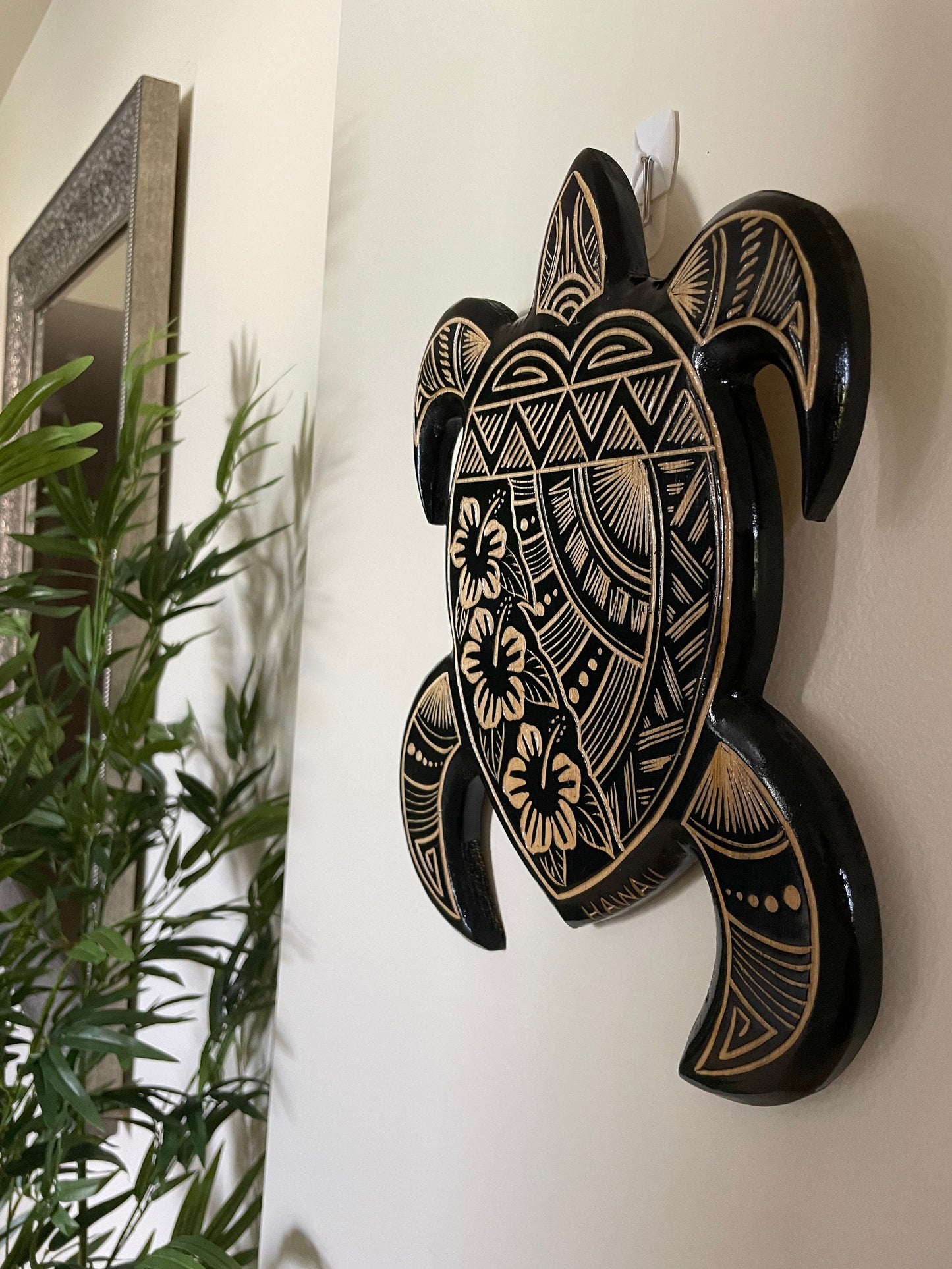 Hand Carved Polynesian Sea Turtle Plaque with Hibiscus