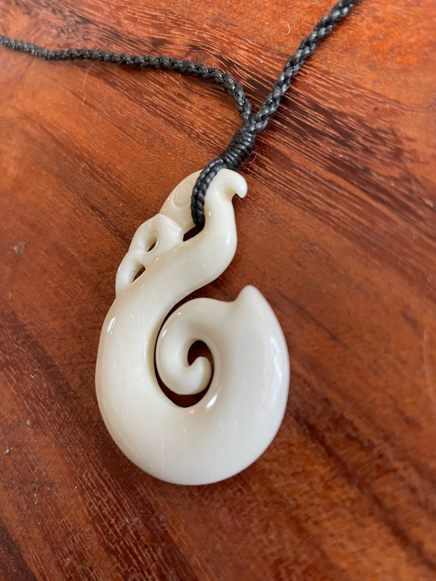 Hand Carved Buffalo Bone Fish Hook Necklace – Polynesian Makau Koru