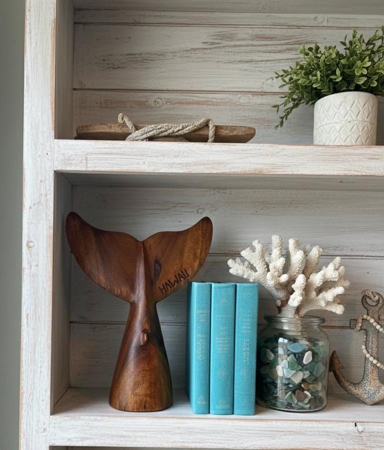 Large Hand-Carved Hibiscus-Wood Whale Tail Sculpture