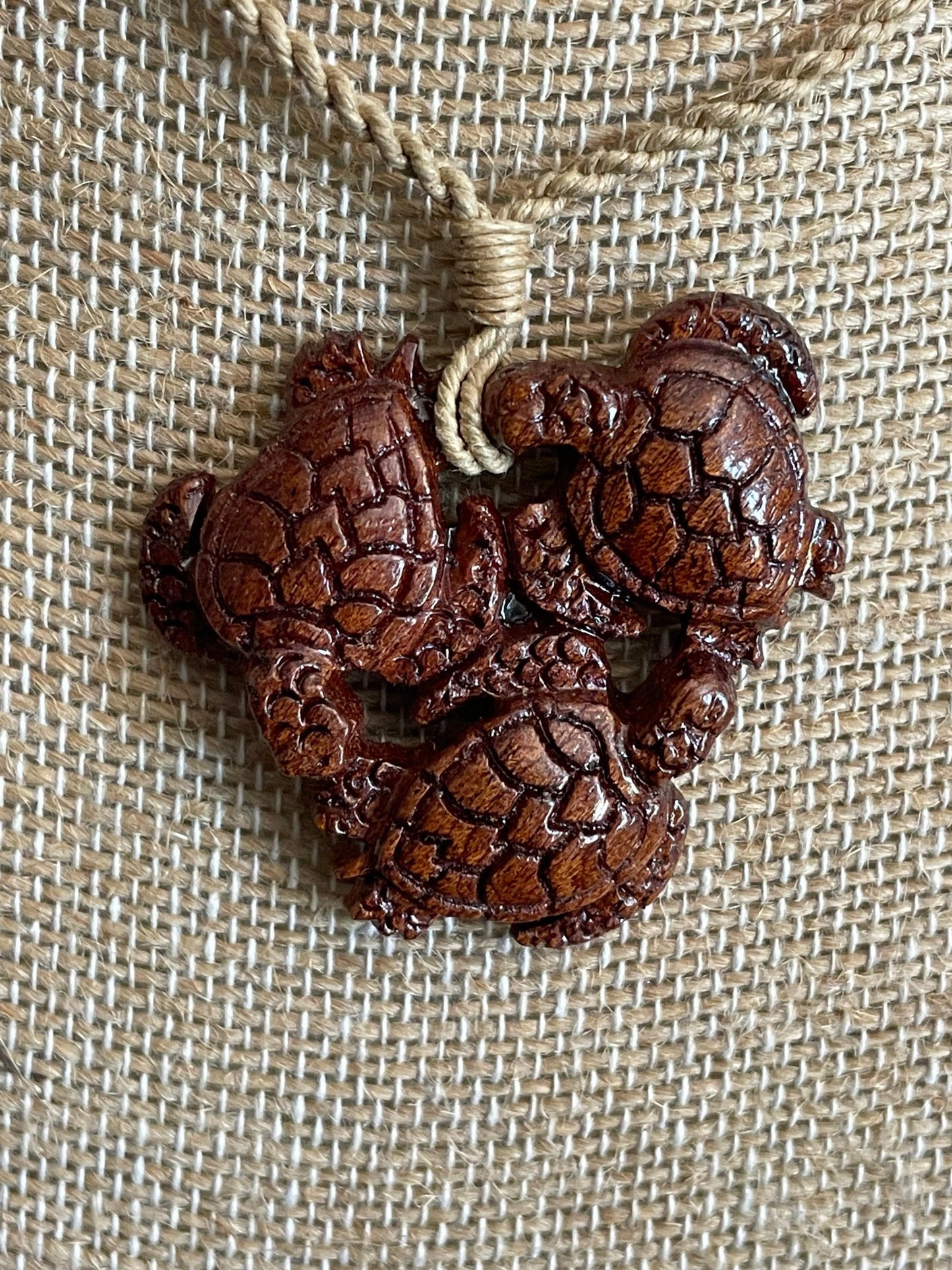 Hand Carved Koa Wood Sea Turtle Necklace – Adjustable Hemp Cord