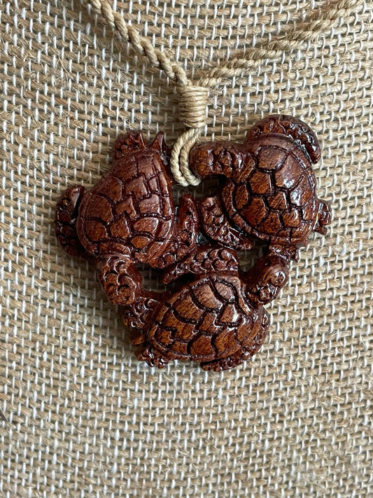 Hand Carved Koa Wood Sea Turtle Necklace – Adjustable Hemp Cord