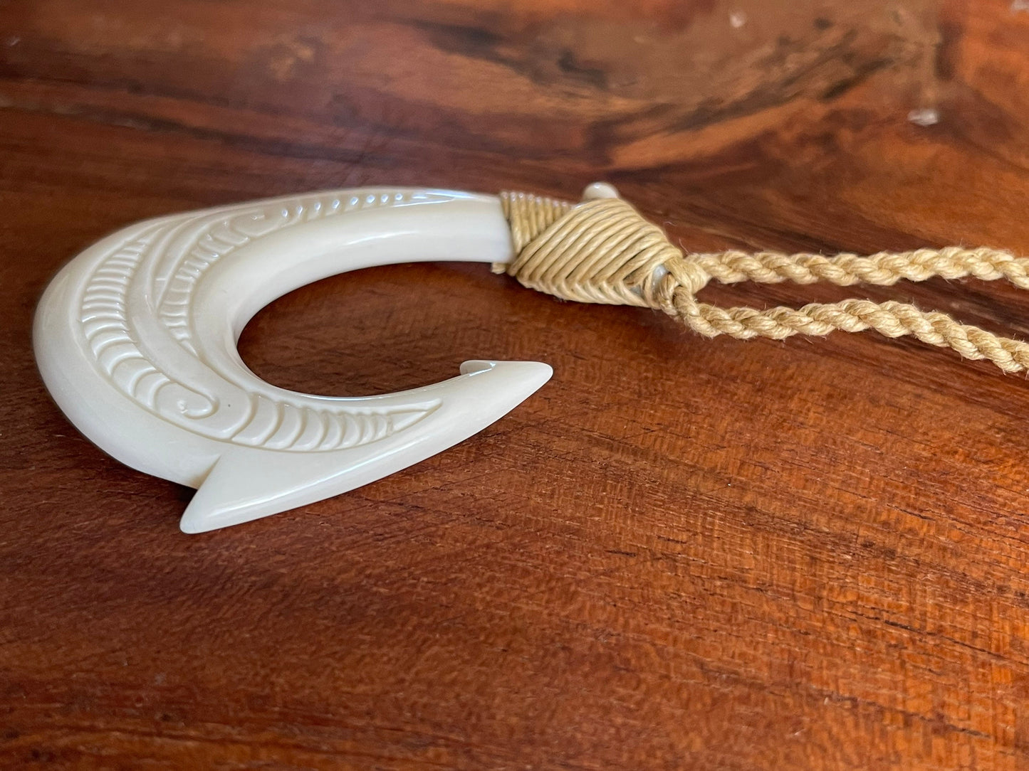 Hand Carved Buffalo Bone Fish Hook Necklace, Hei Makau Koru