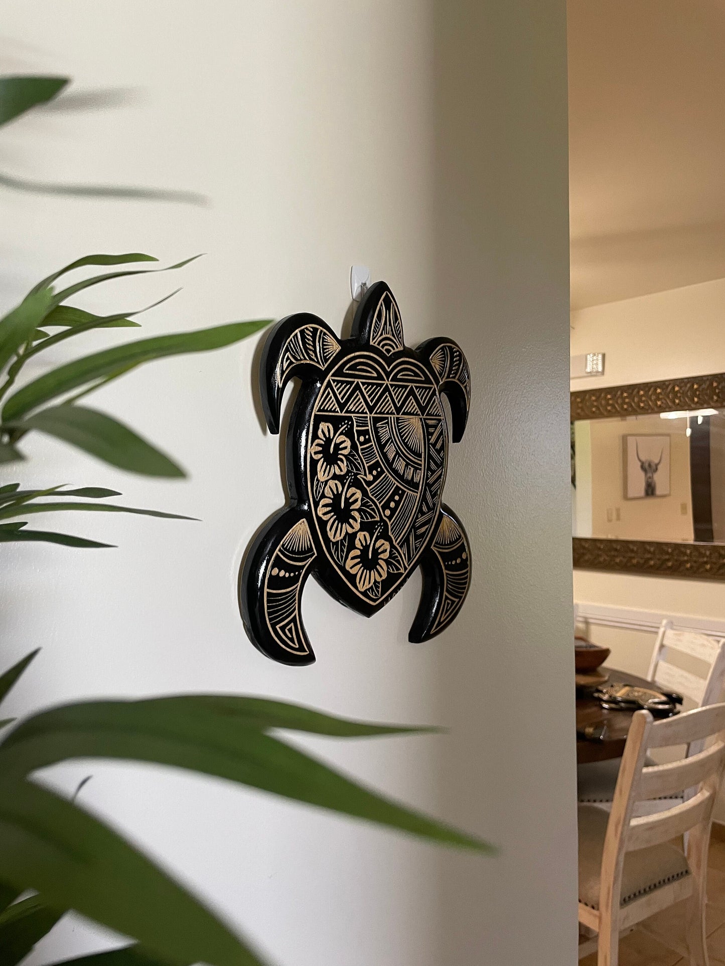 Hand Carved Polynesian Sea Turtle Plaque with Hibiscus