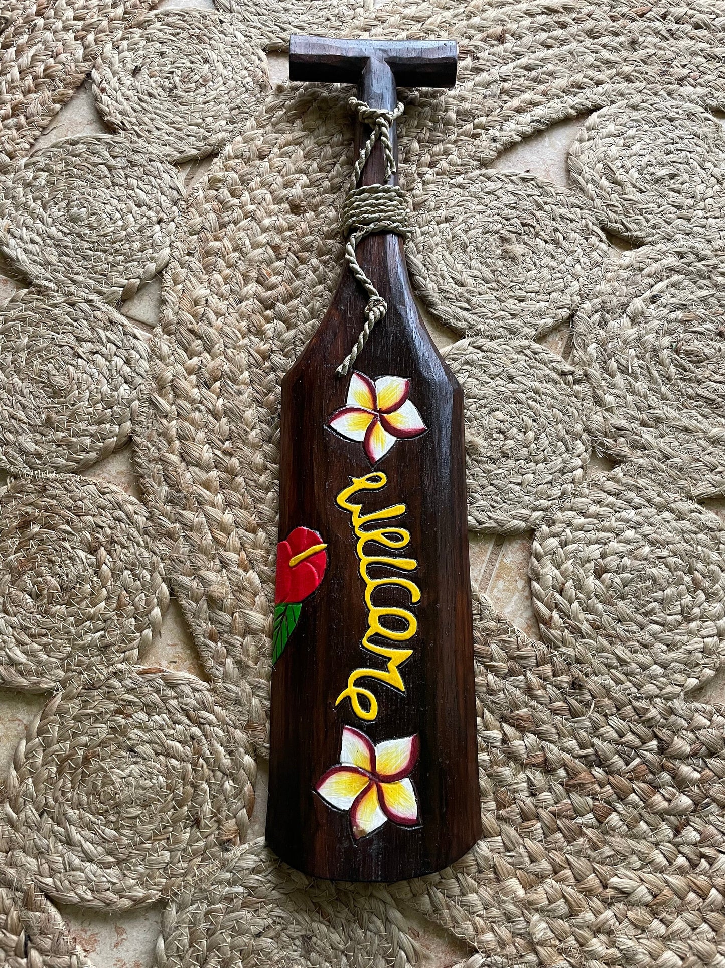 Hand Carved and Brightly Hand Painted Solid Wood Welcome Hawaiian Paddle Adorned with Flowers