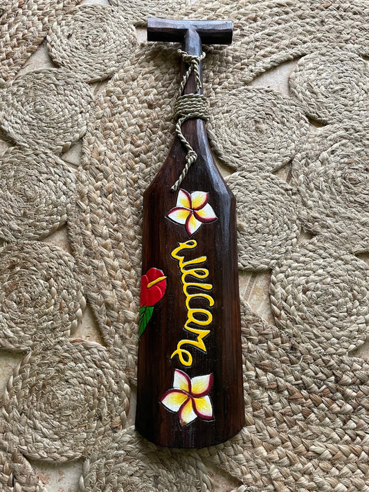 Hand Carved and Brightly Hand Painted Solid Wood Welcome Hawaiian Paddle Adorned with Flowers