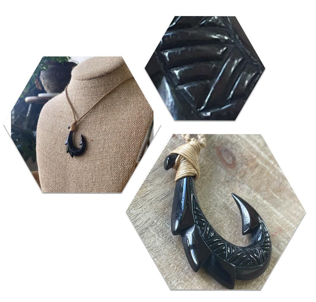 34” Solid Black Horn Handcarved Makau (Fish Hook) Necklace - Adjustable Surfer Cord