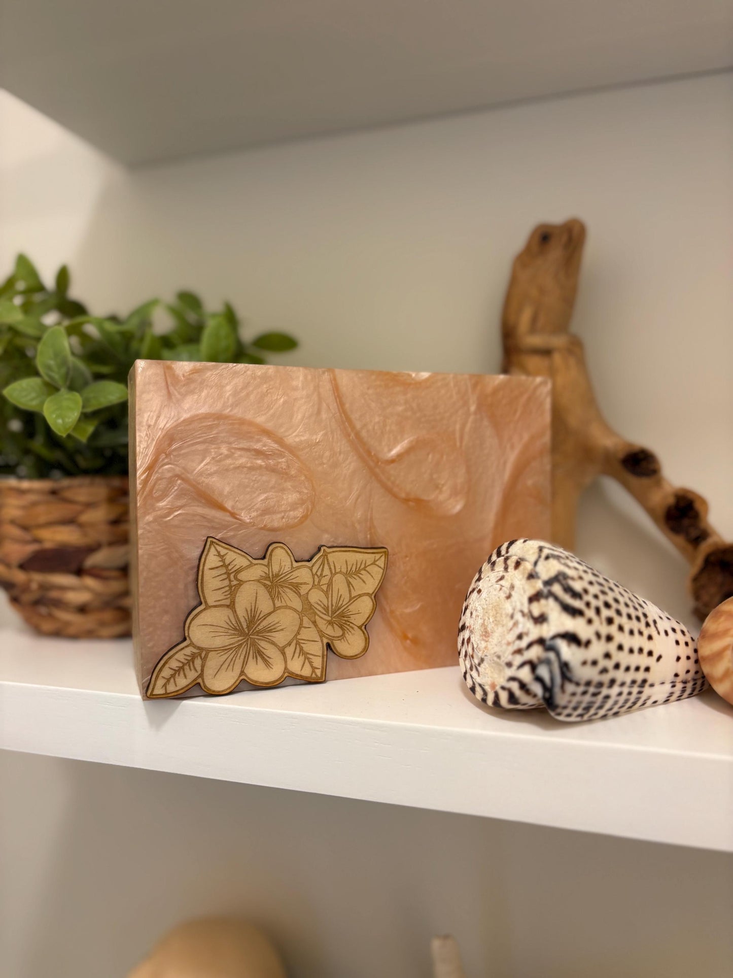 Hand-Crafted Polynesian & Micronesian Wooden and Faux Shell Inlay Box with a Plumeria Burned Wood Decor