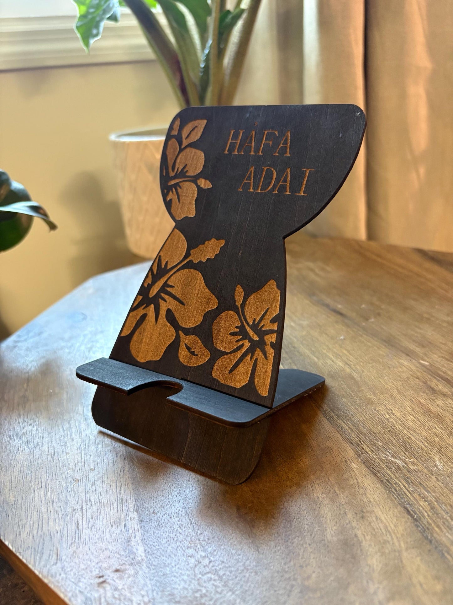Customizable Micronesian, Polynesian Latte Stone Cell Phone Holder: Engraved Hibiscus Design