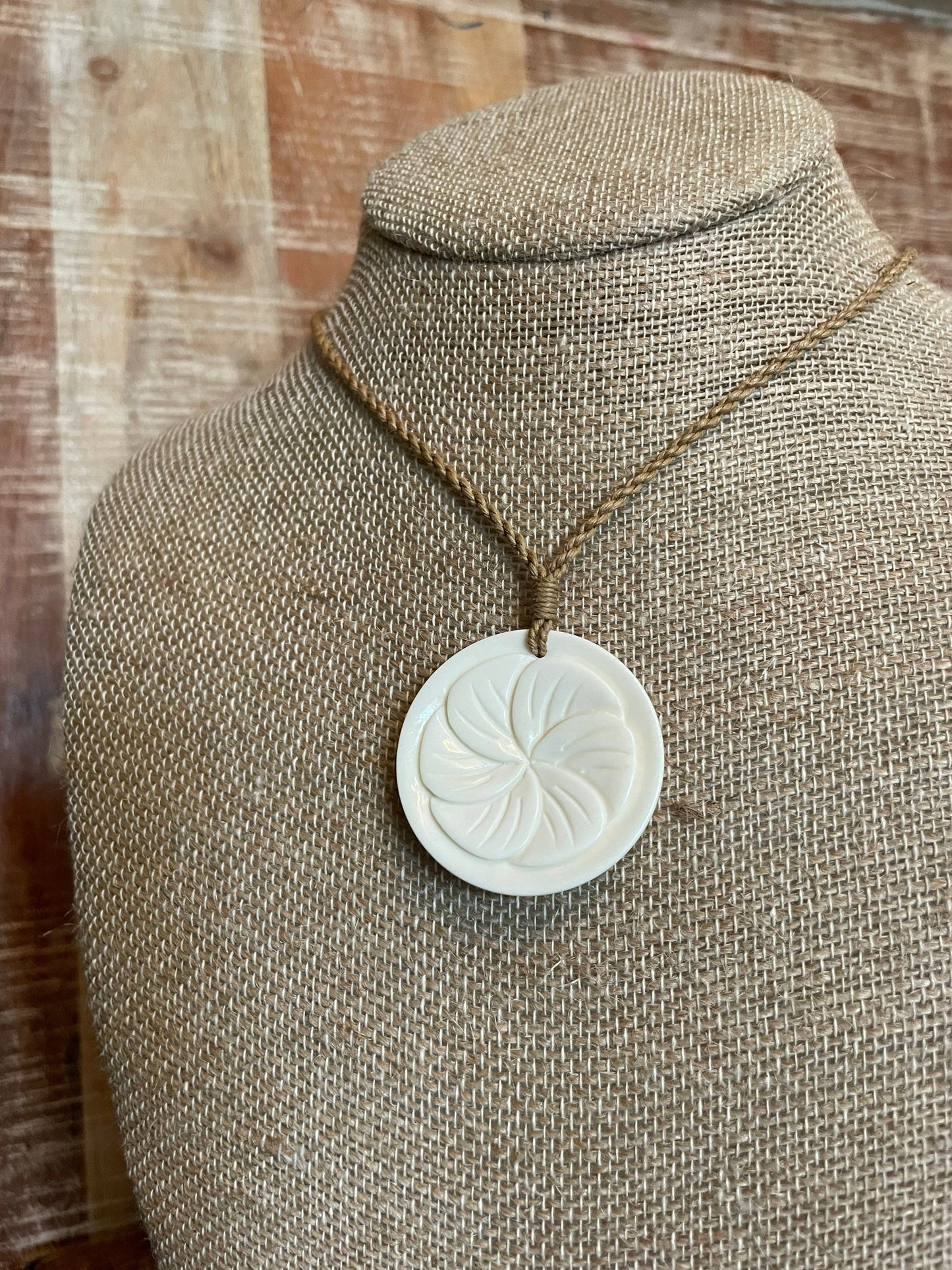 Hand Carved Buffalo Bone Plumeria Necklace, Hawaiian Boho Jewelry