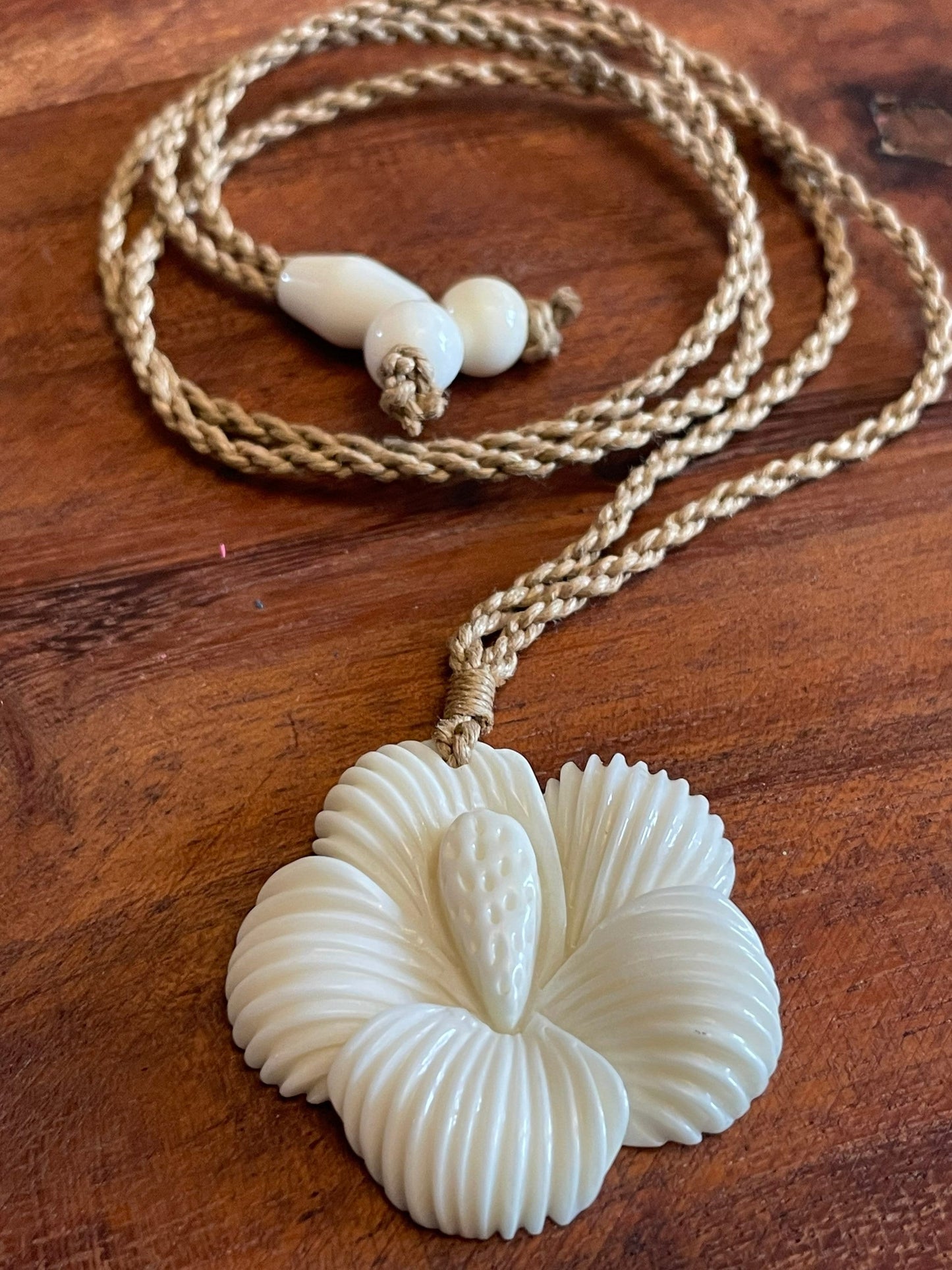 Hand Carved Bone Hibiscus Pendant: Polynesian Boho Necklace