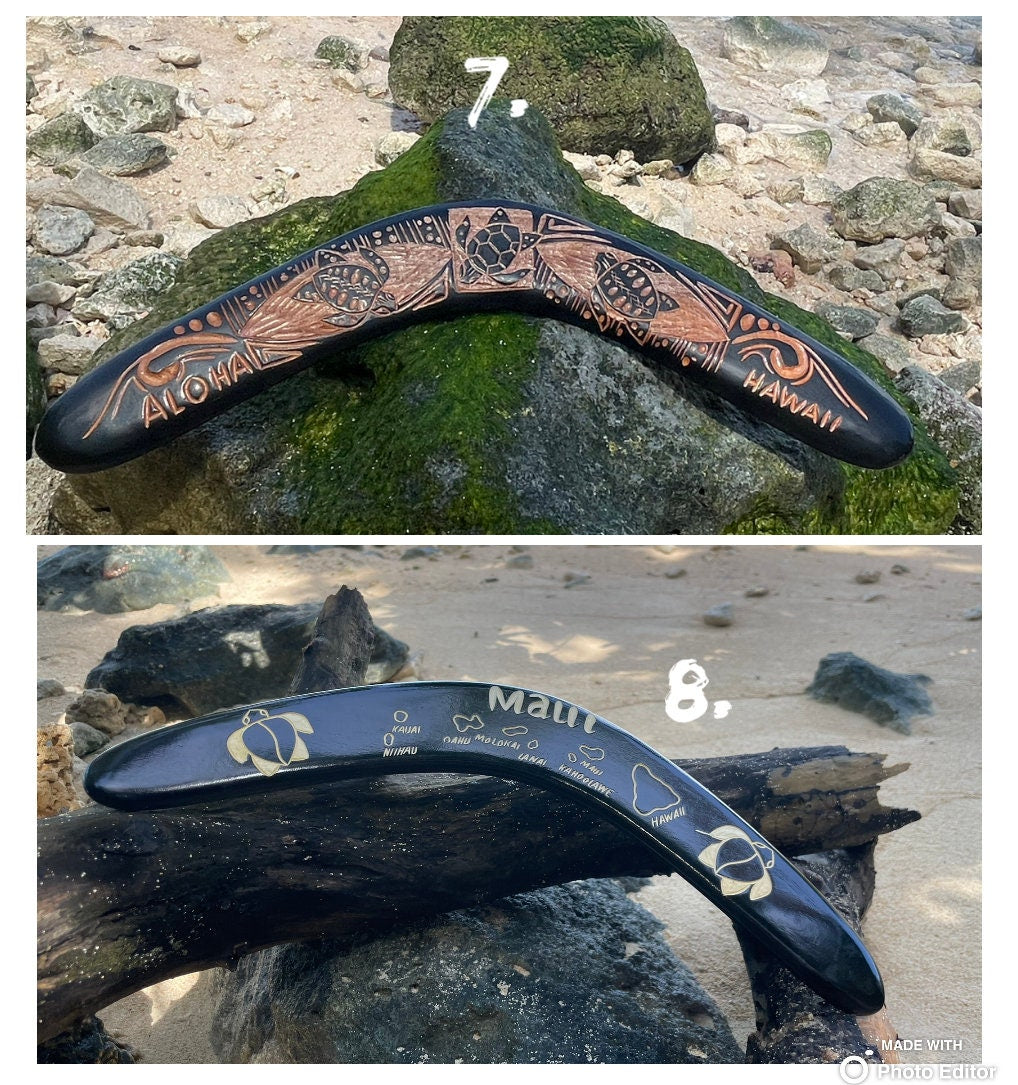 Aboriginal Polynesian Solid Wood Boomerangs with Hand Carved Hawaiian Maps, Symbols and Aloha!