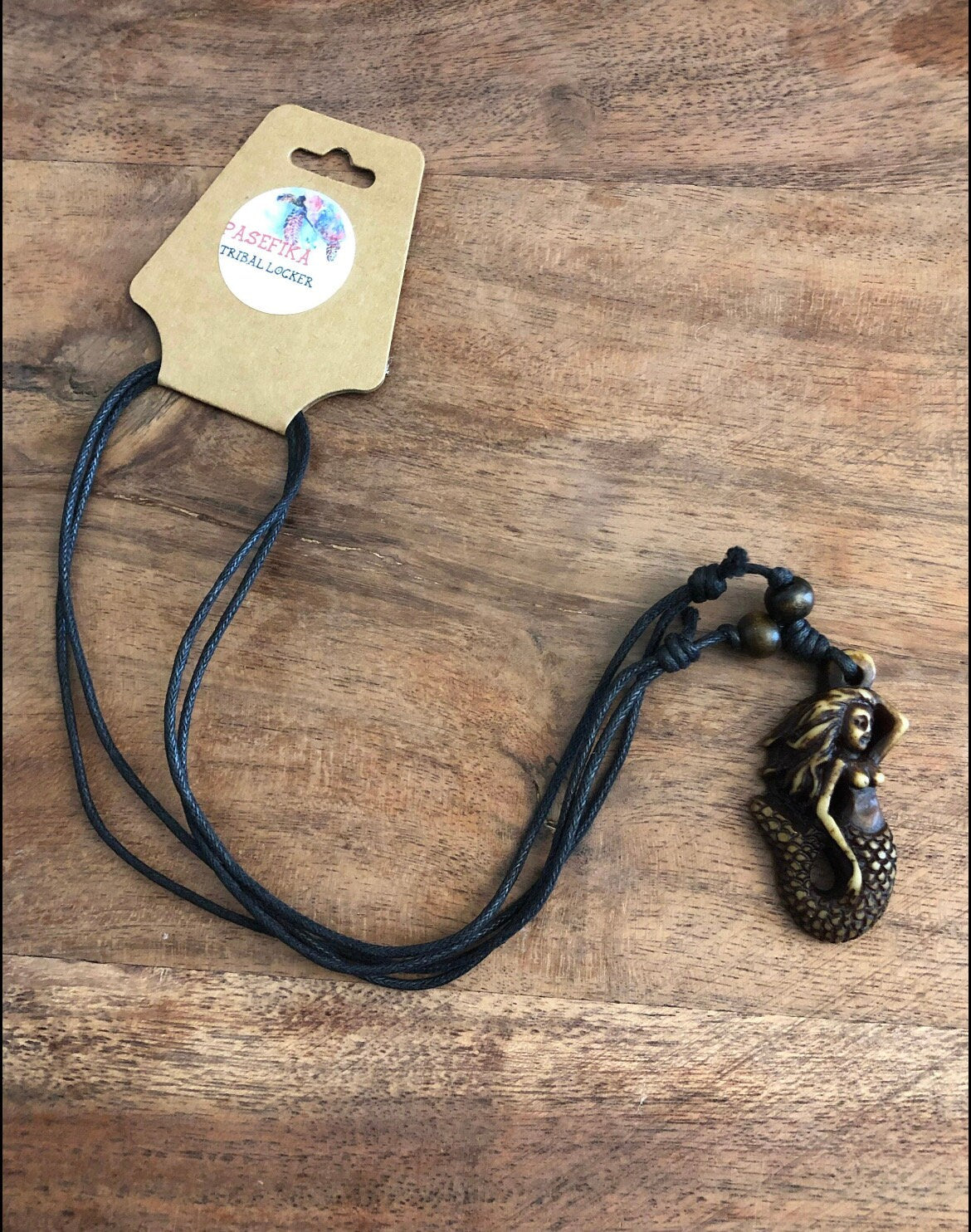 Bone & Resin Mermaid Pendant Necklace - Adjustable Surfer Cord