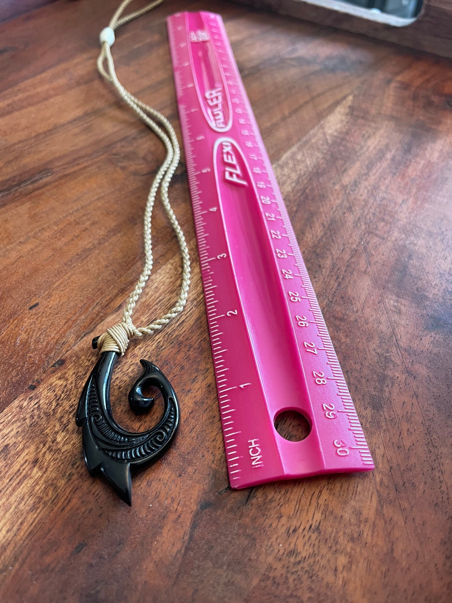 Handsome Onyx Dyed Solid Real Buffalo Bone Makau or Fish Hook Adjustable Necklace