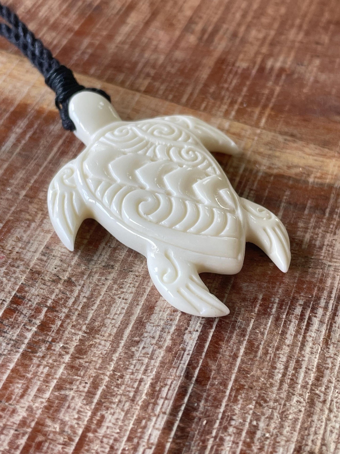 Hand Carved Buffalo Bone Sea Turtle Pendant – Adjustable Boho Necklace