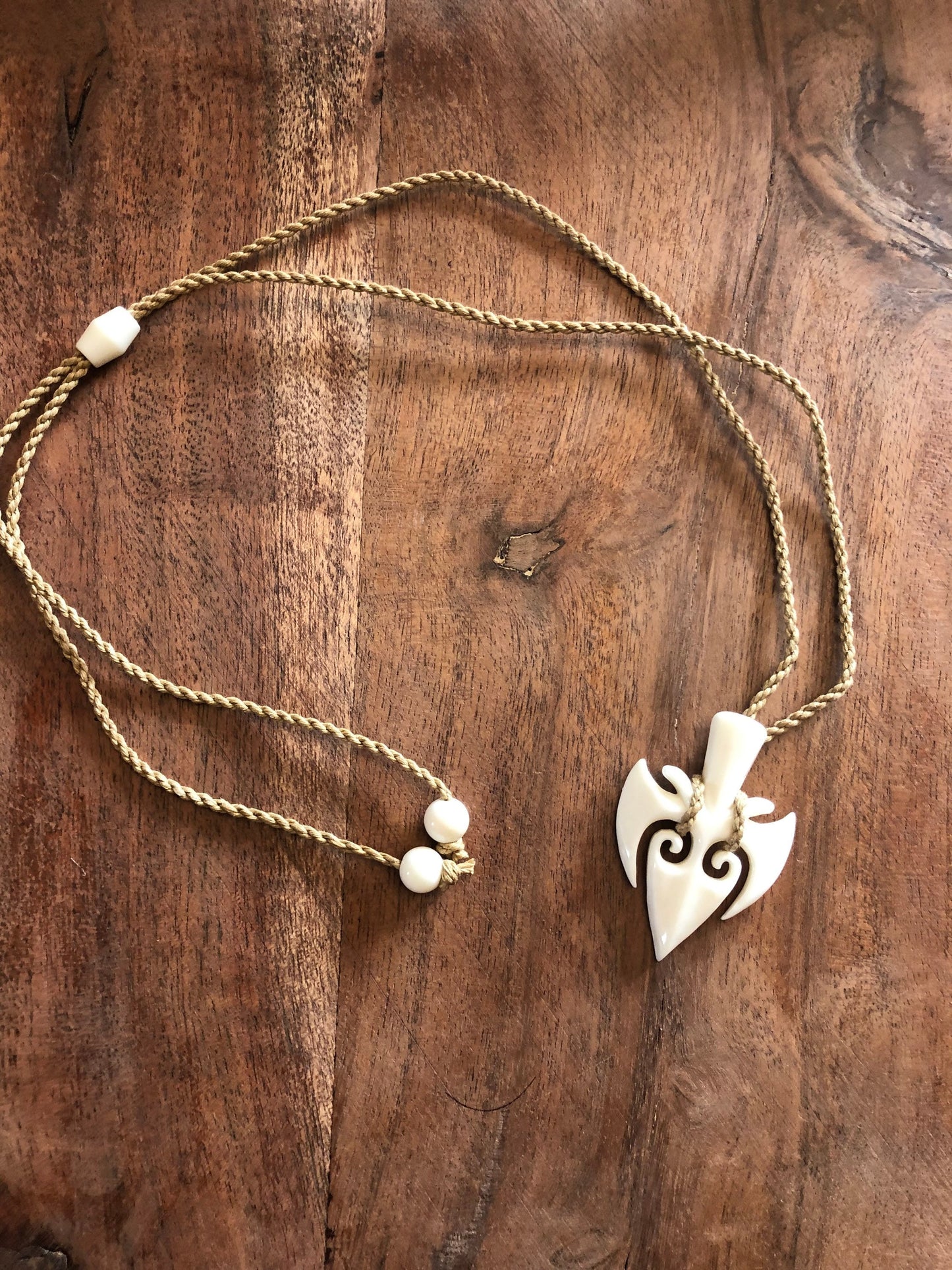 Hand Carved Buffalo Bone Trident Necklace, Adjustable Polynesian Jewelry