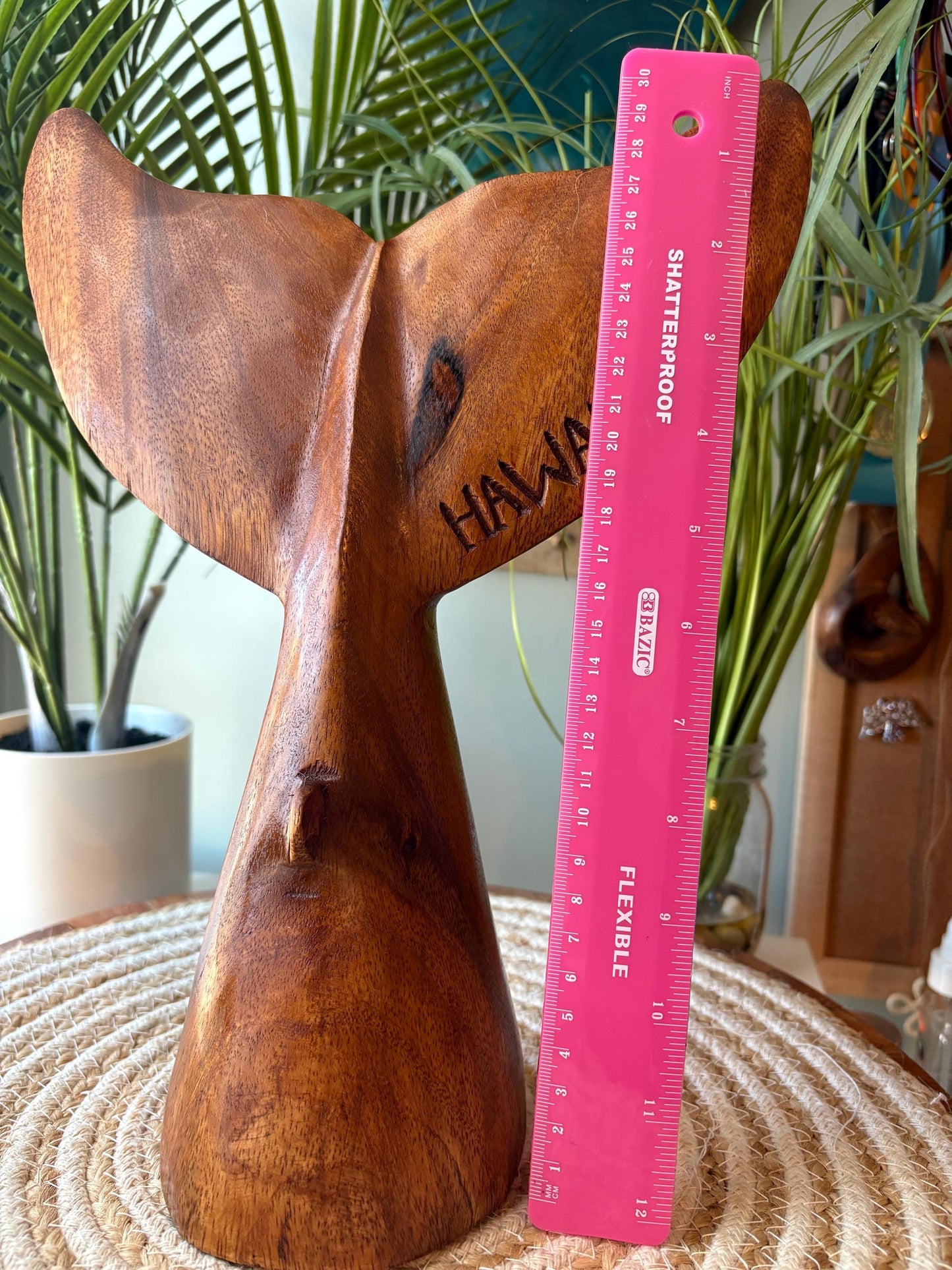 Large Hand-Carved Hibiscus-Wood Whale Tail Sculpture