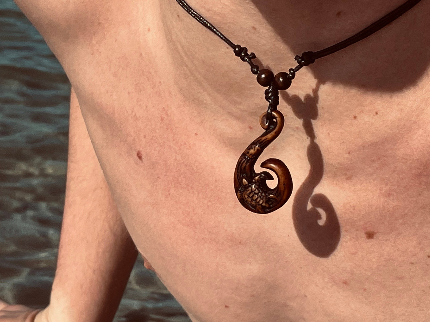 Polynesian Makau Fish Hook Necklace: Buffalo Bone, Sea Turtle, Boho Surfer