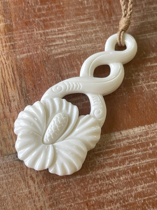 Hand Carved Bone Hibiscus Pendant Necklace - Adjustable Cord, Polynesian Jewelry