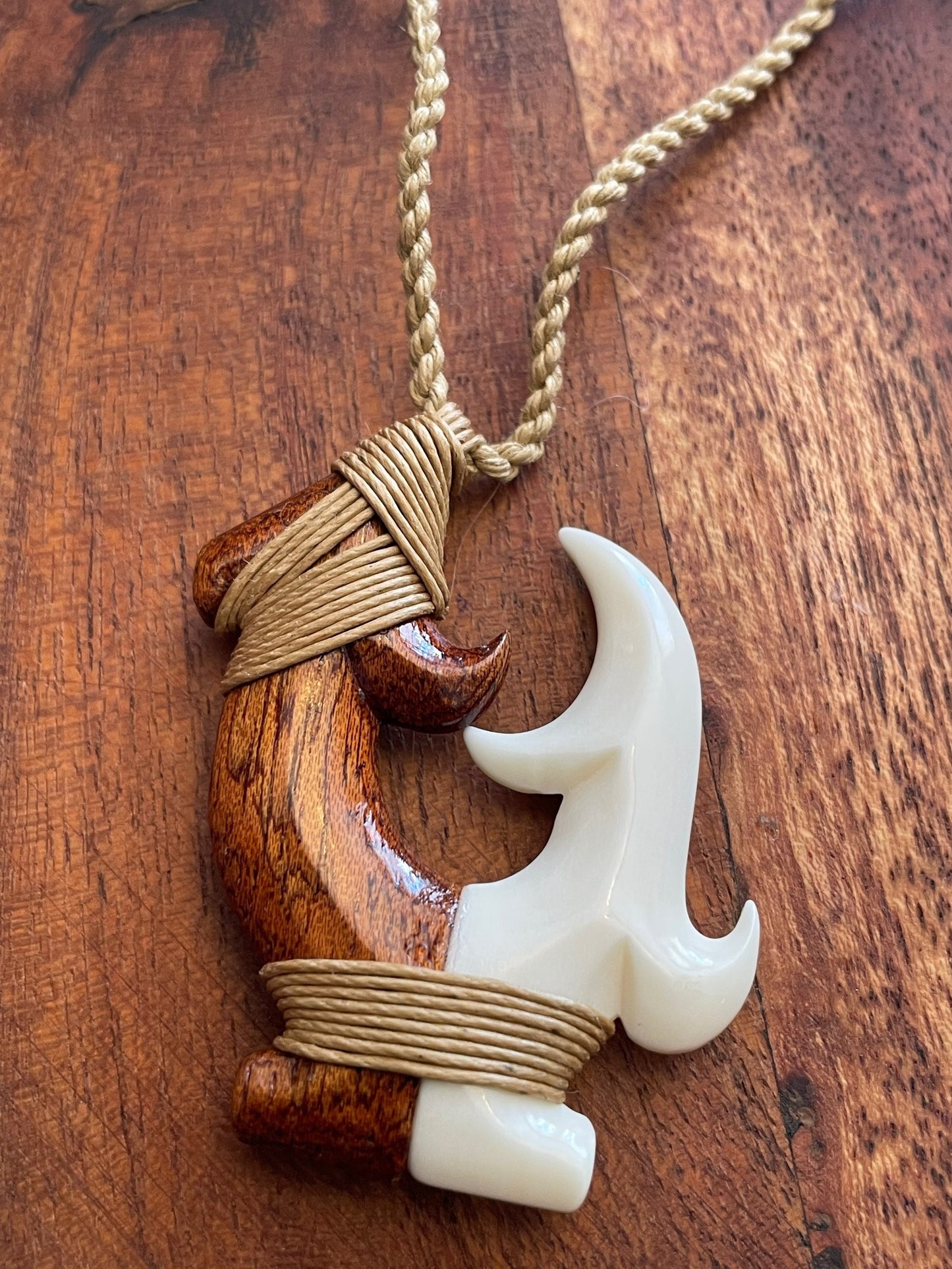 Hand Carved Koa Wood Fish Hook Necklace - Buffalo Bone Makau
