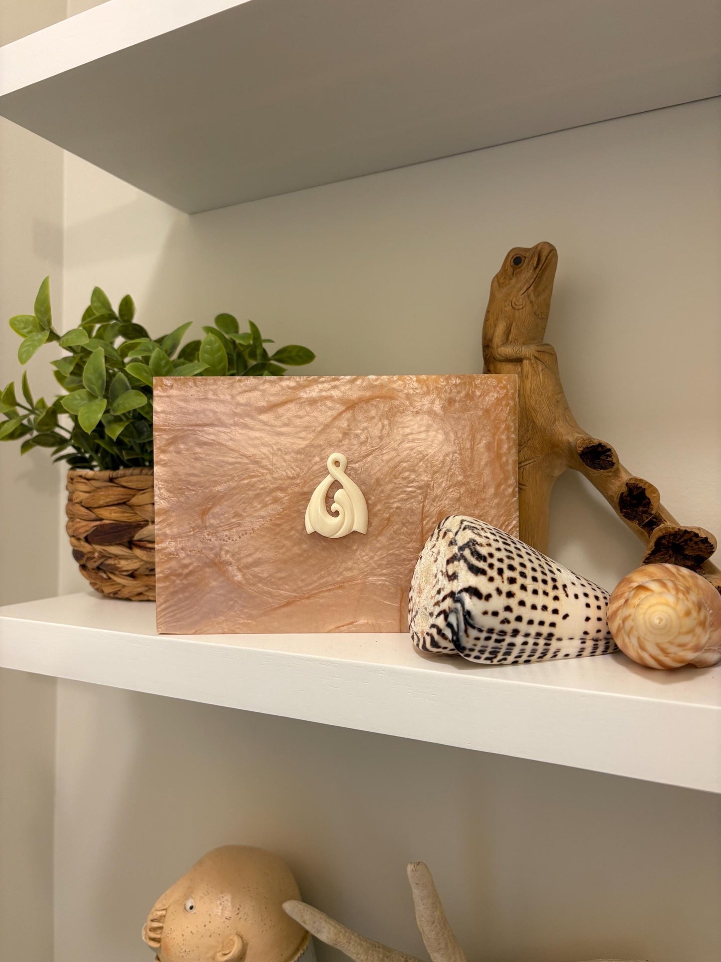 Hand-Crafted Polynesian & Micronesian Wooden and Faux Shell Inlay Box with Bone Koru Decor