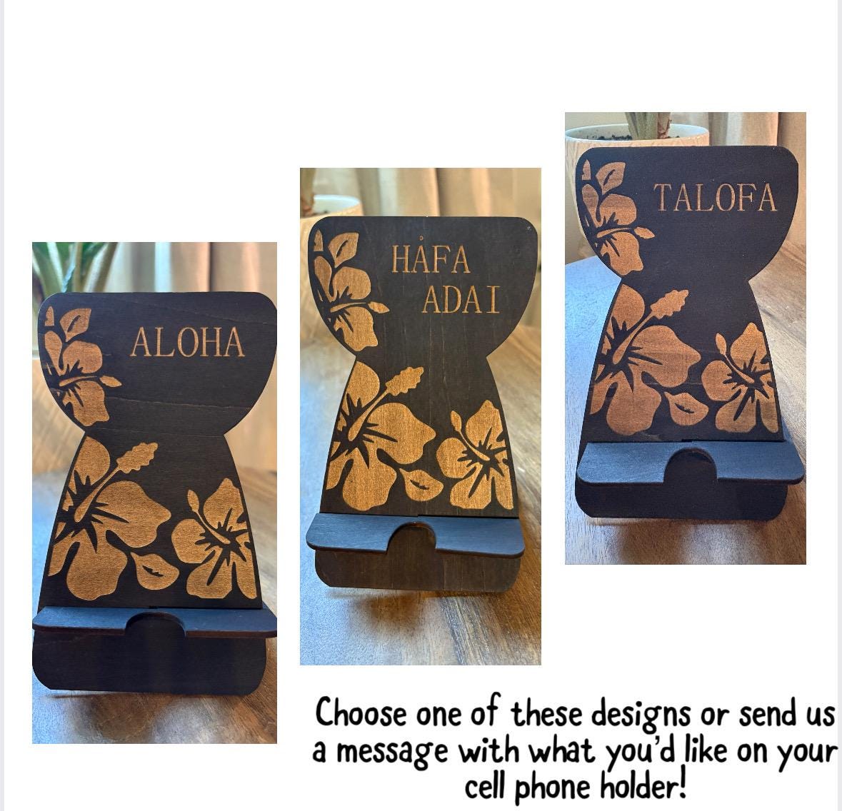 Customizable Micronesian, Polynesian Latte Stone Cell Phone Holder: Engraved Hibiscus Design