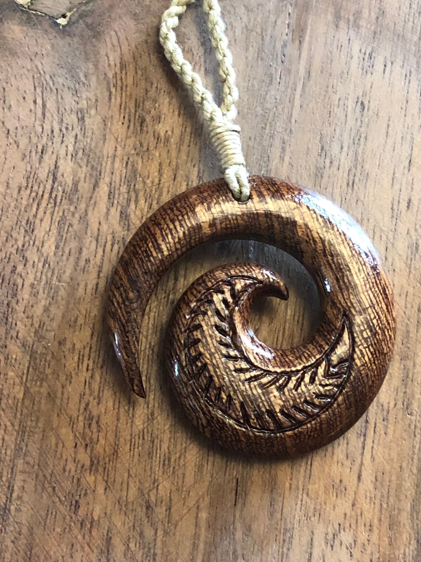 Finely Detailed, Hand-carved Solid Koa Wood Koru or Fern Adjustable Necklace