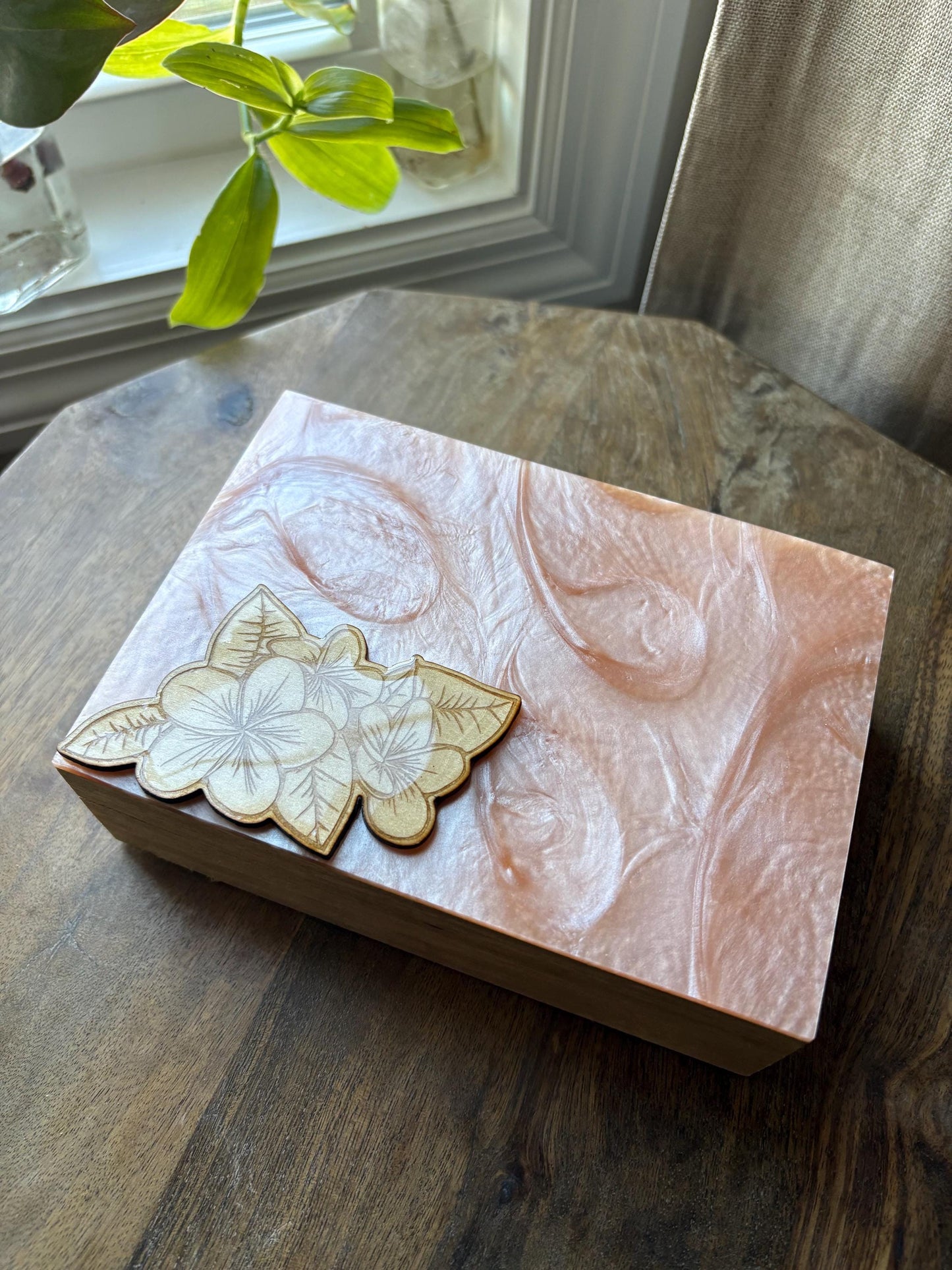 Hand-Crafted Polynesian & Micronesian Wooden and Faux Shell Inlay Box with a Plumeria Burned Wood Decor