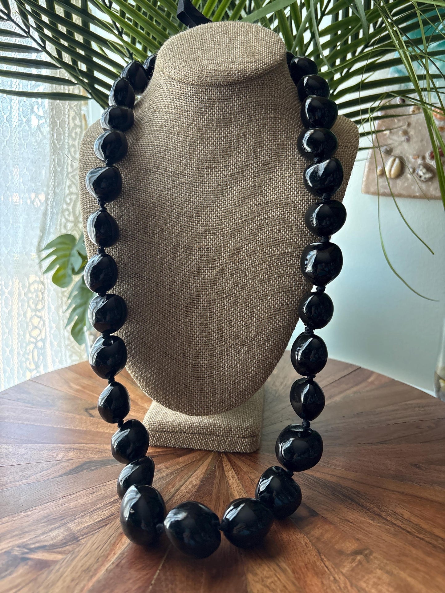 Hand Woven Ribbon Lei with Kukui Nut & Cowrie Shells