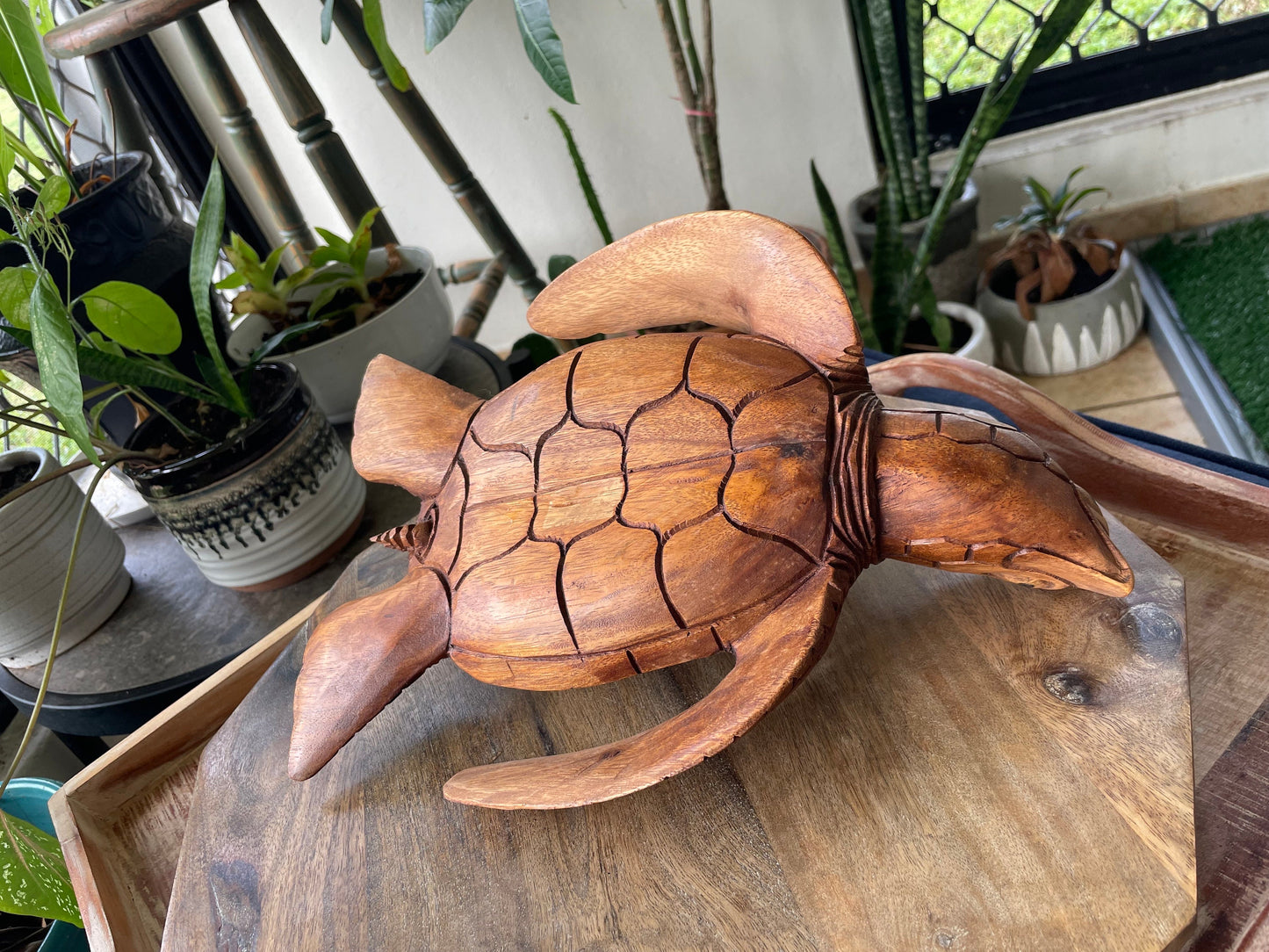 Hand Carved Wood Sea Turtle Decor, Tribal Palm Tree Design