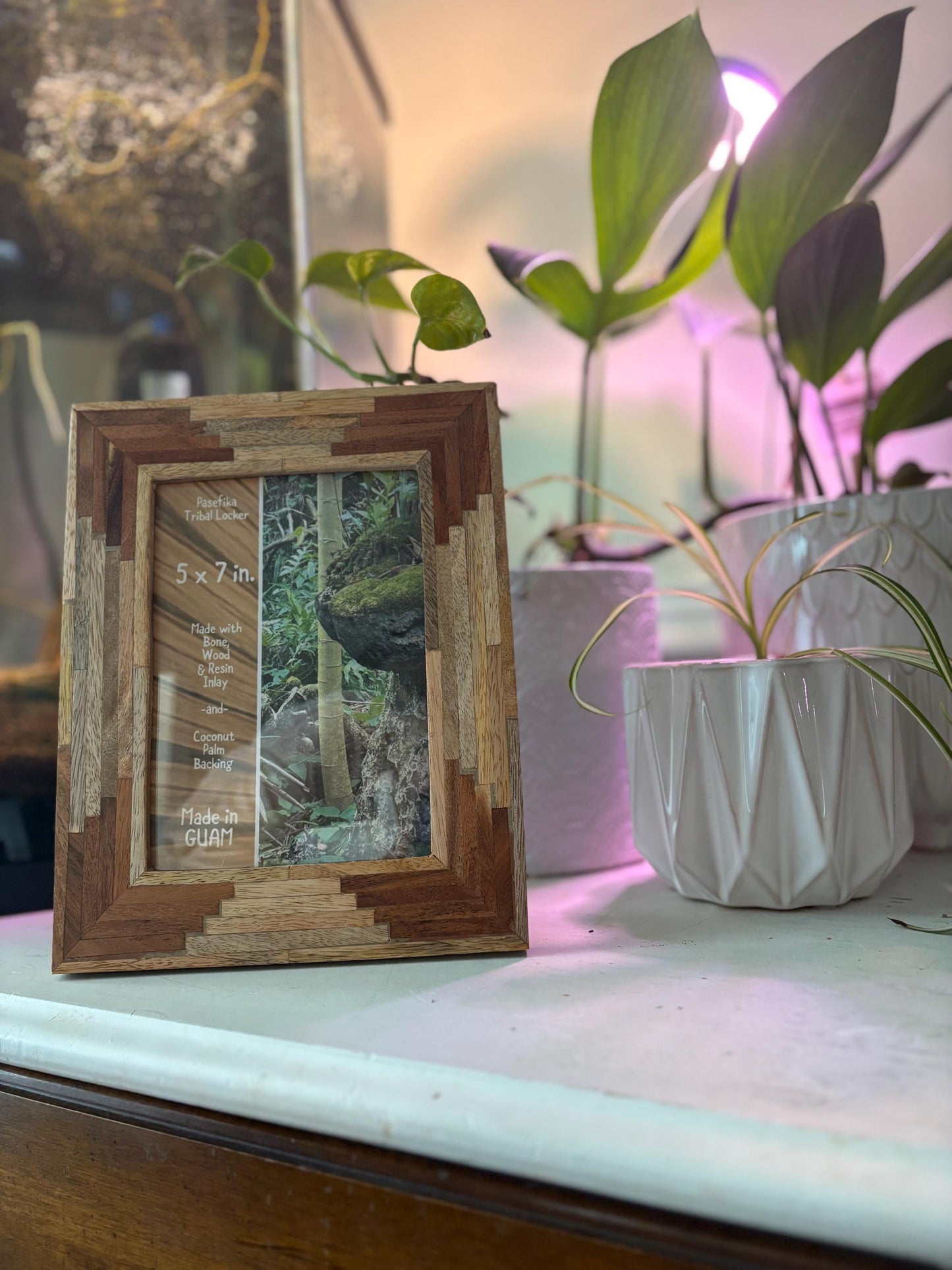 Polynesian Wood Inlay Picture Frame, Teak and Hibiscus, 5x7