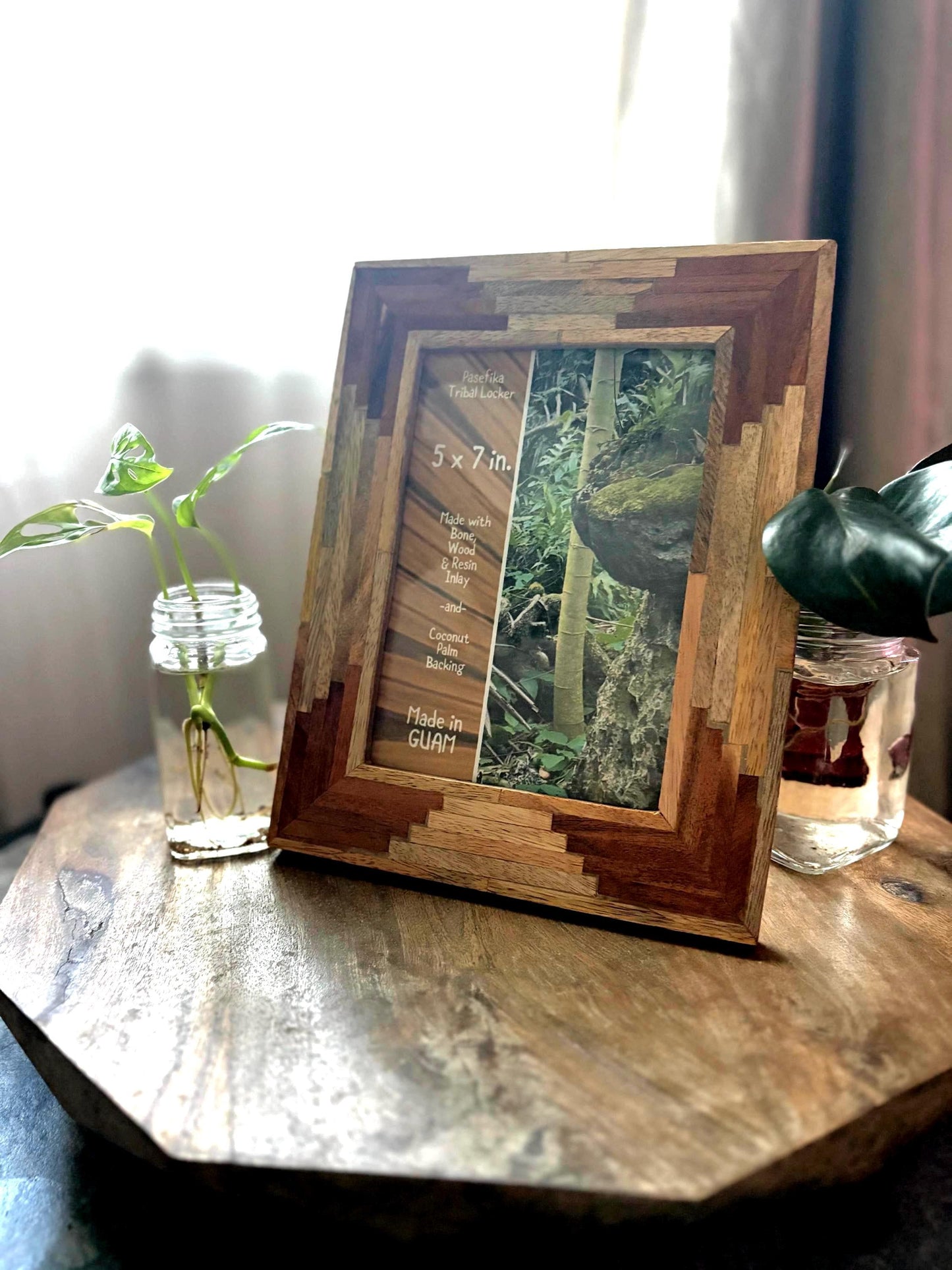 Polynesian Wood Inlay Picture Frame, Teak and Hibiscus, 5x7