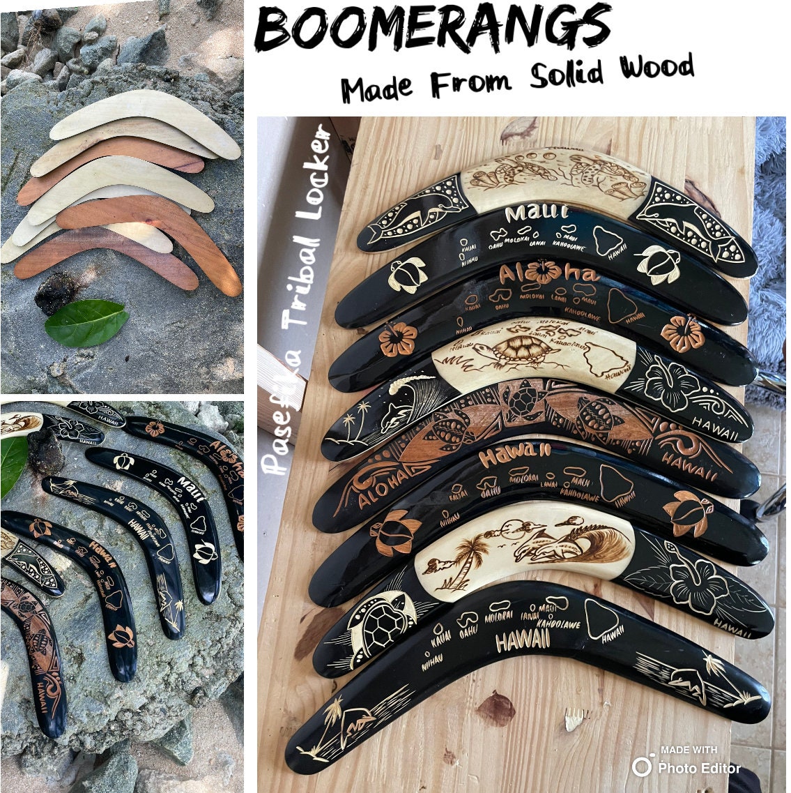 Aboriginal Polynesian Solid Wood Boomerangs with Hand Carved Hawaiian Maps, Symbols and Aloha!