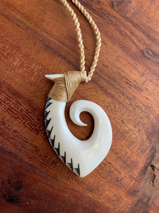 Hand Carved Buffalo Bone Makau Fish Hook Necklace - Koru Tip, Surfer Cord