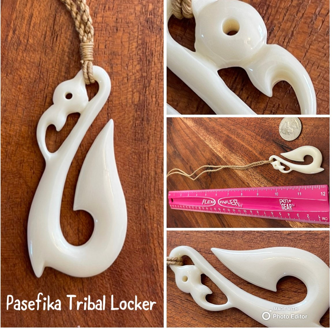 Hand Carved Buffalo Bone Fish Hook Necklace - Polynesian Makau Jewelry