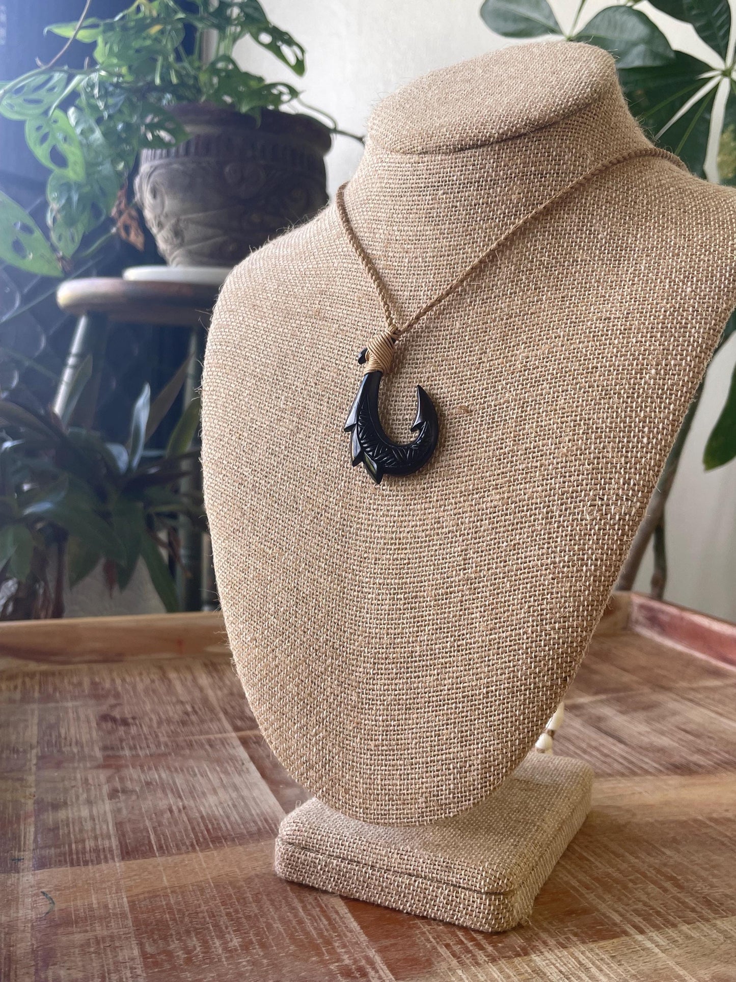 34” Solid Black Horn Handcarved Makau (Fish Hook) Necklace - Adjustable Surfer Cord
