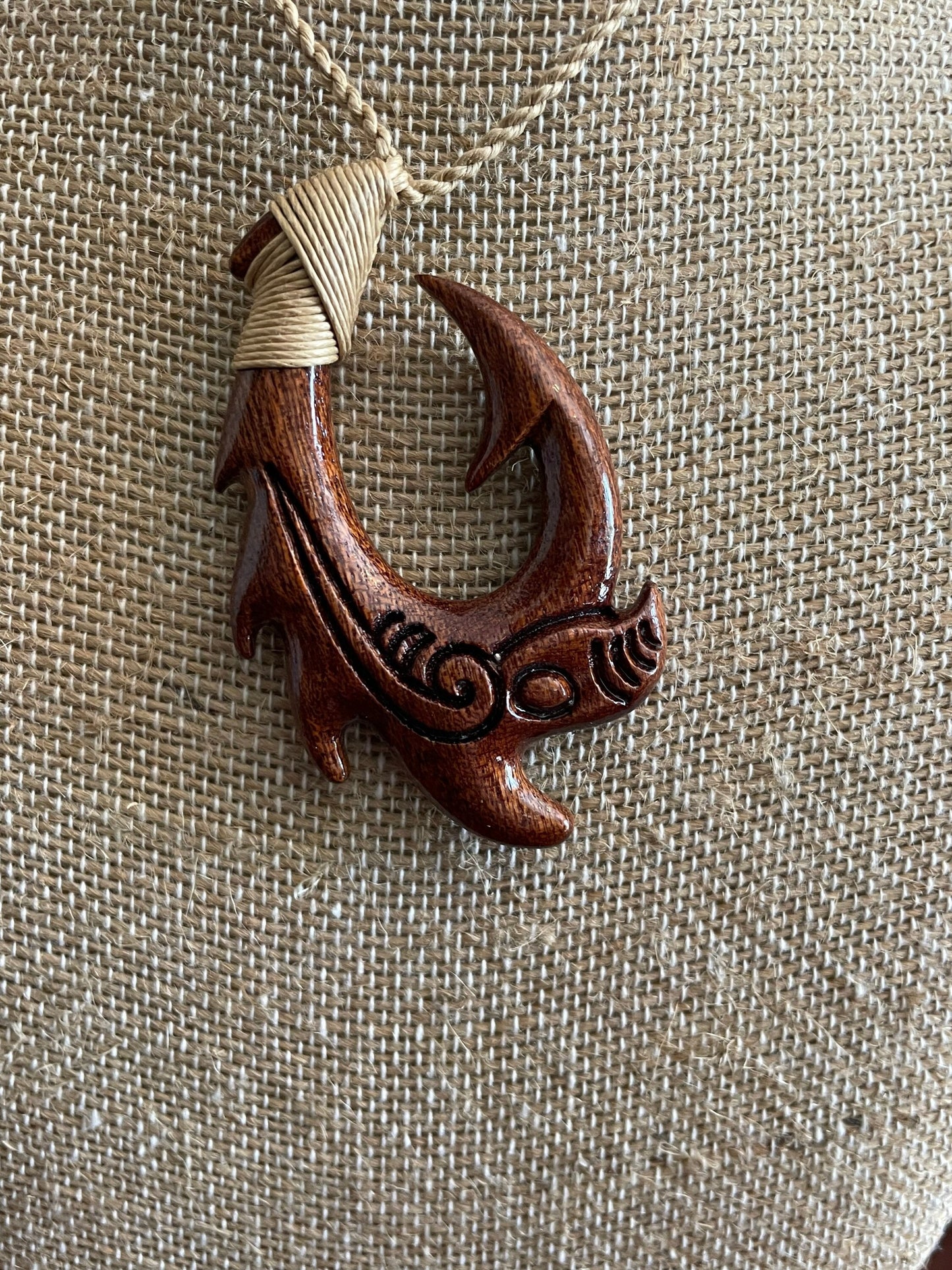 Hand Carved Koa Wood Makau Necklace, Koru Etchings, Adjustable Hemp Cord