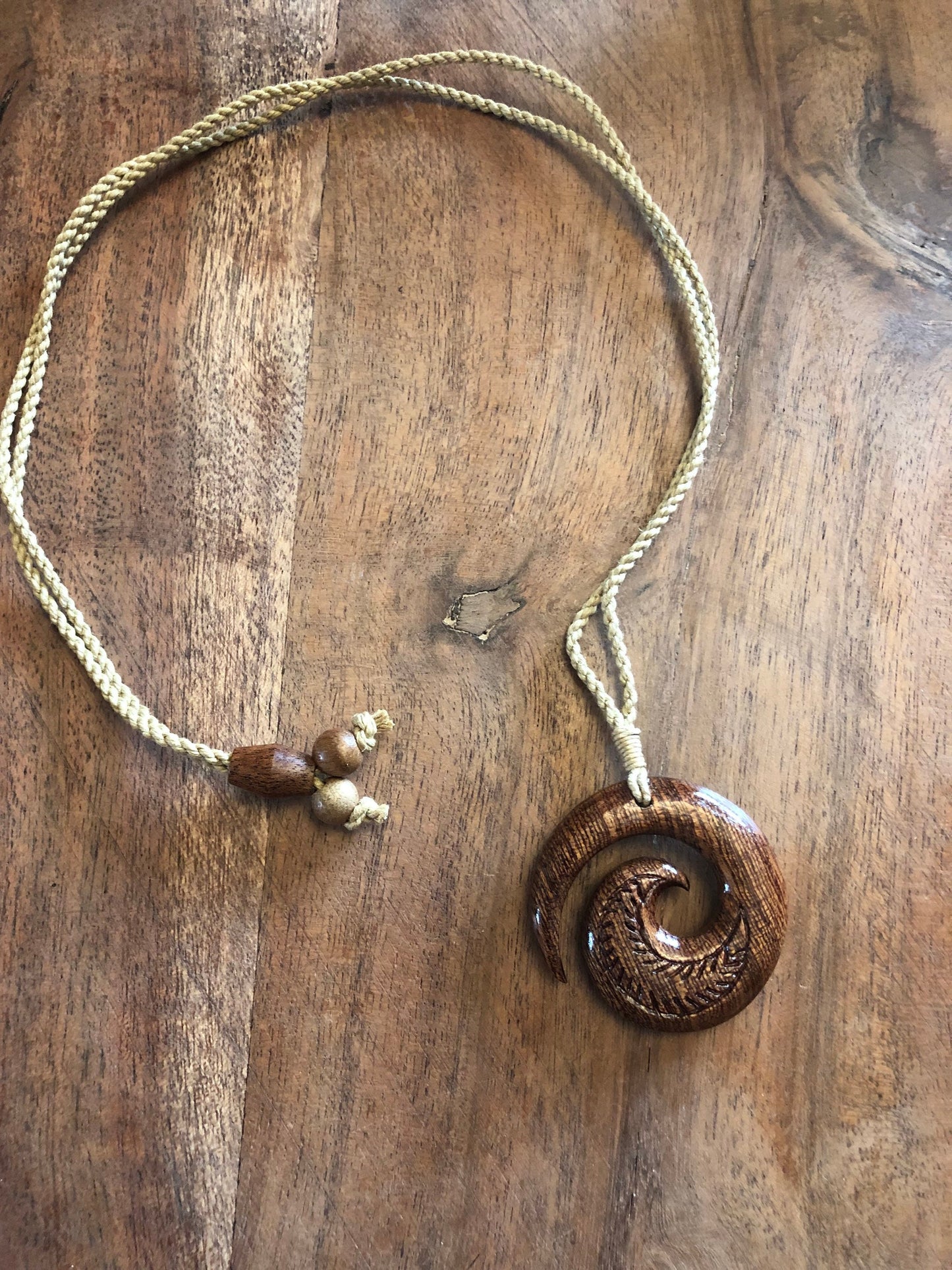 Finely Detailed, Hand-carved Solid Koa Wood Koru or Fern Adjustable Necklace