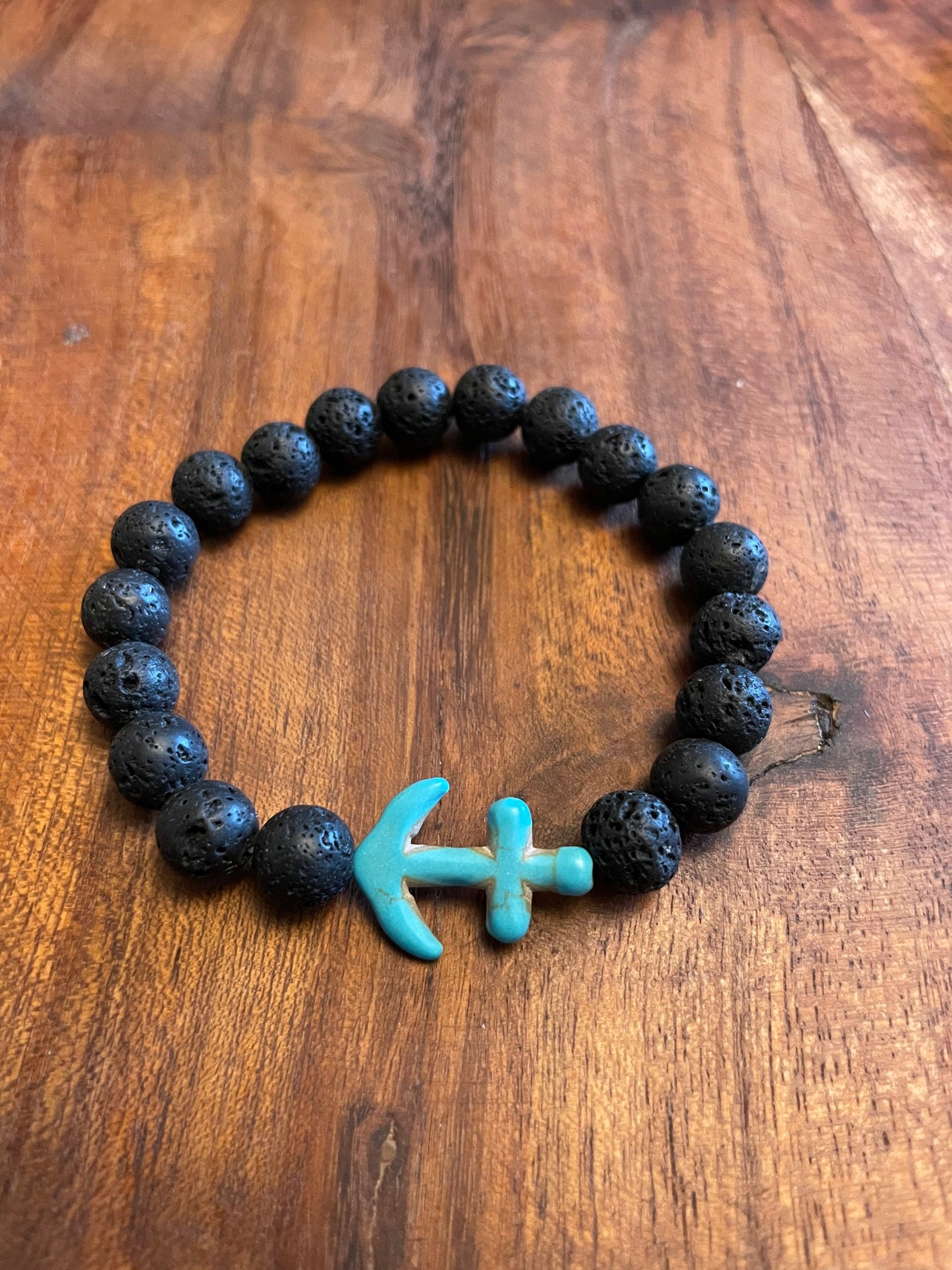 Real Lava Bead Elastic Bracelets with Turquoise Nautical Clay Bead Accent Beads