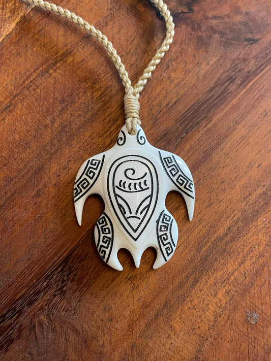 Hand Carved Bone Sea Turtle Necklace, Polynesian Art