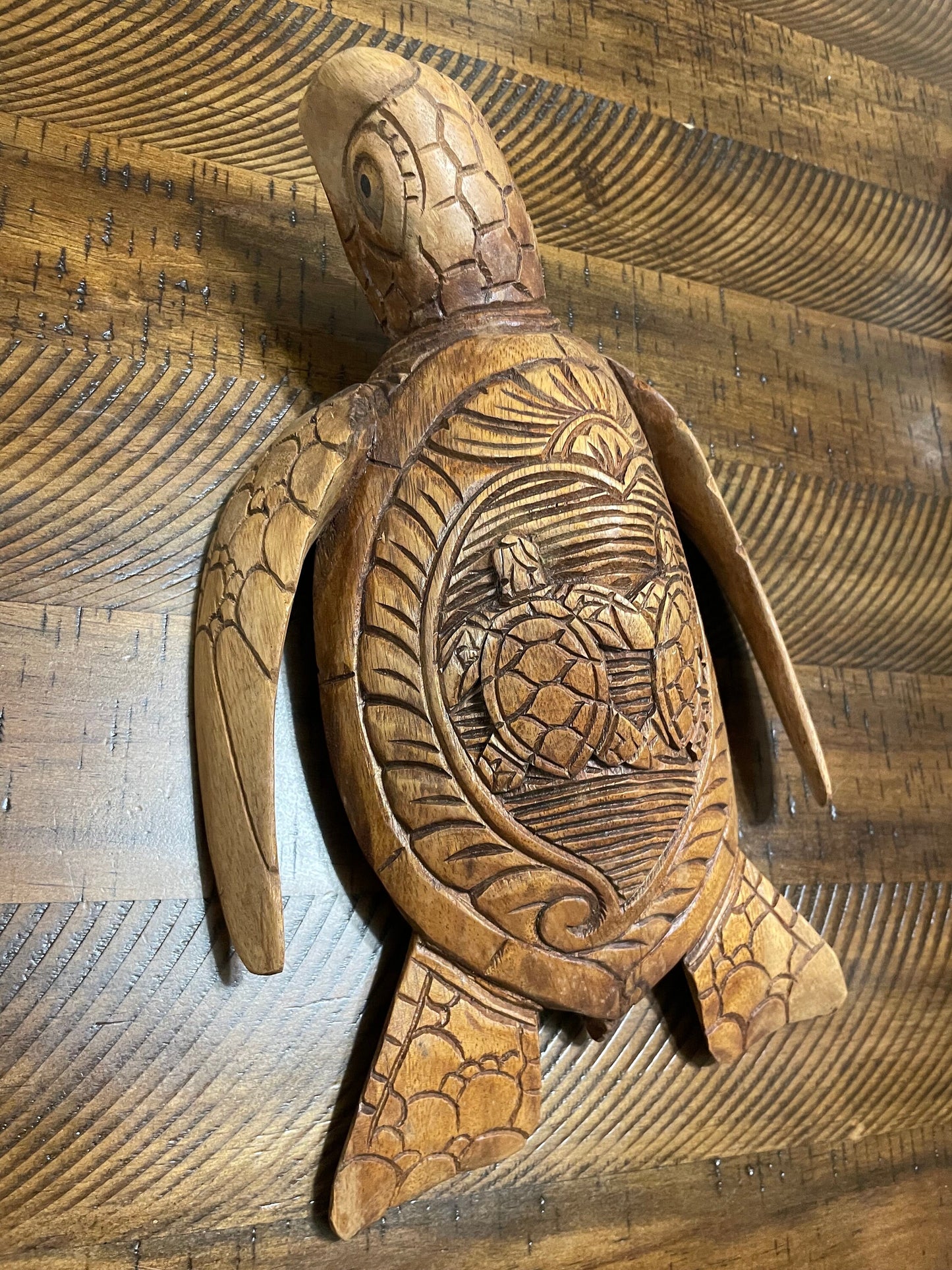 Hand Carved Wood Sea Turtle Decor, Dual Turtle Design, 12 inch