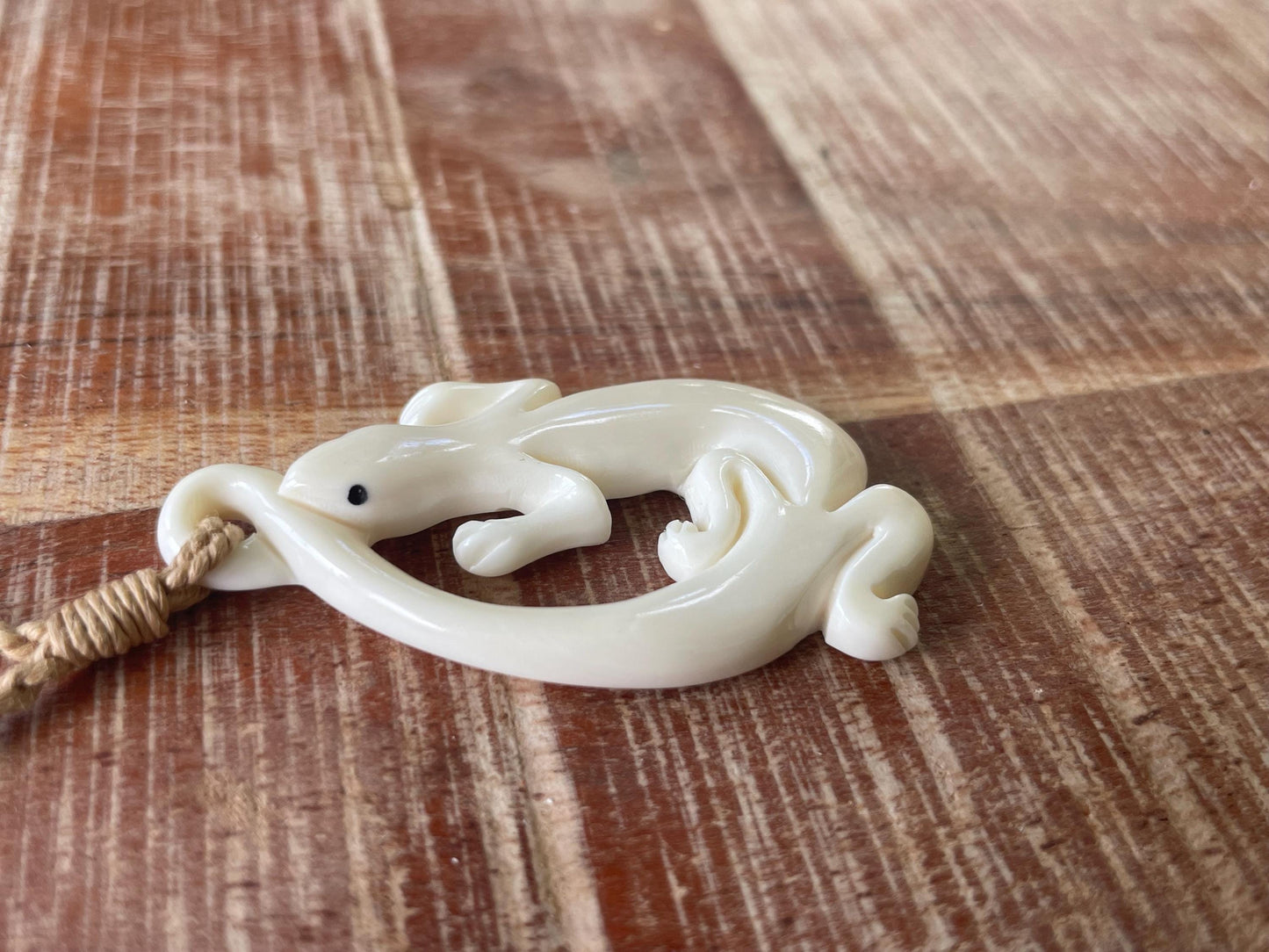 Traditional Lizard (Luck & Fortune) Solid Hand Carved Buffalo Bone Polynesian Adjustable Necklace