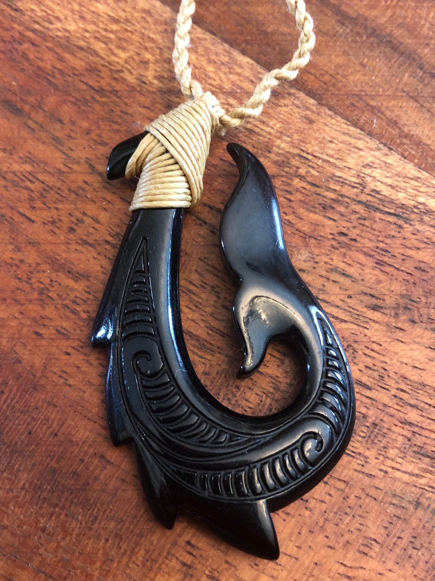 Hand-Carved Buffalo Bone Makau Necklace: Polynesian Fish Hook & Whale Tail