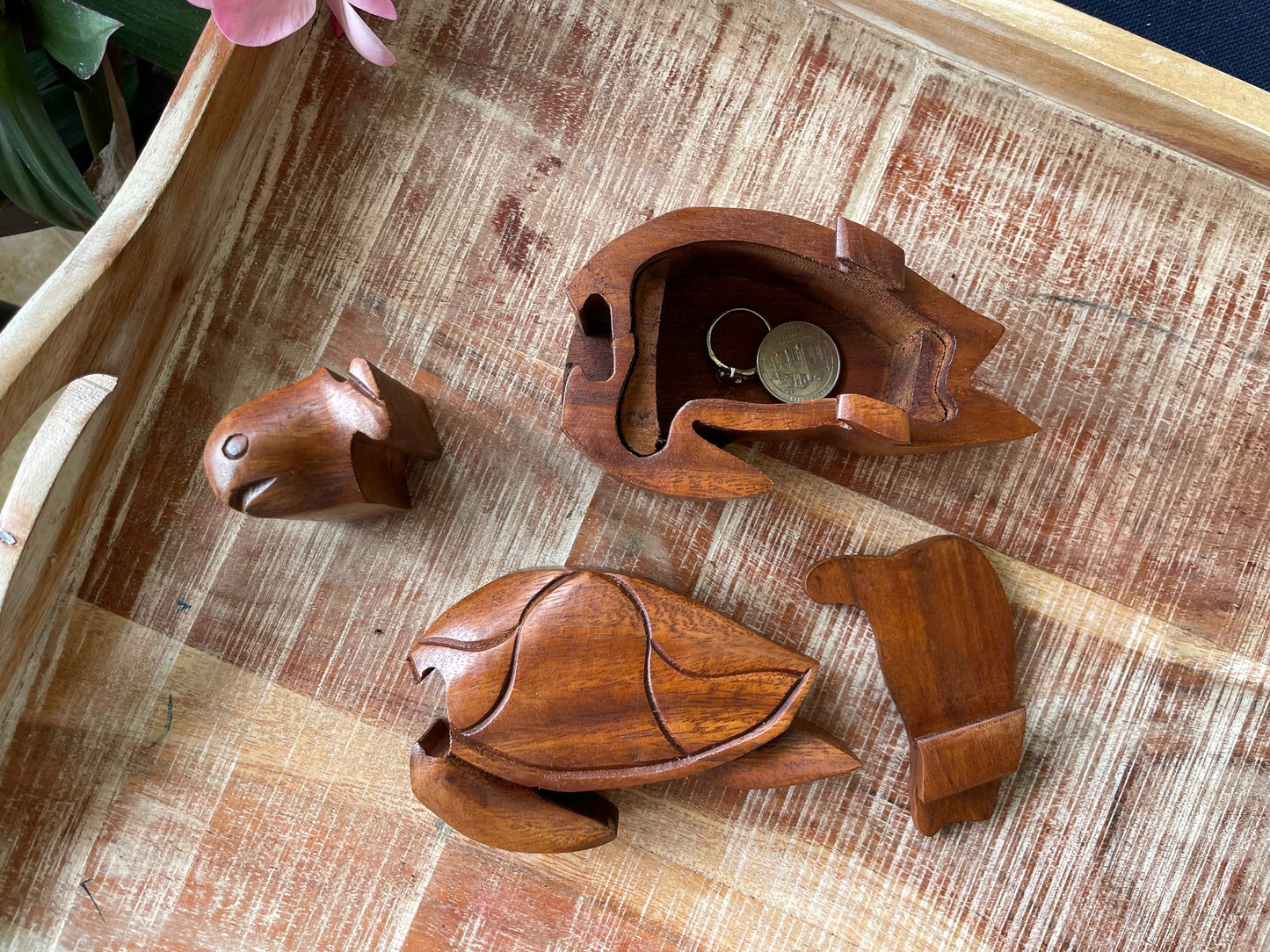 Handmade Sea Hibiscus Wood Turtle Puzzle Box – Hidden Compartment
