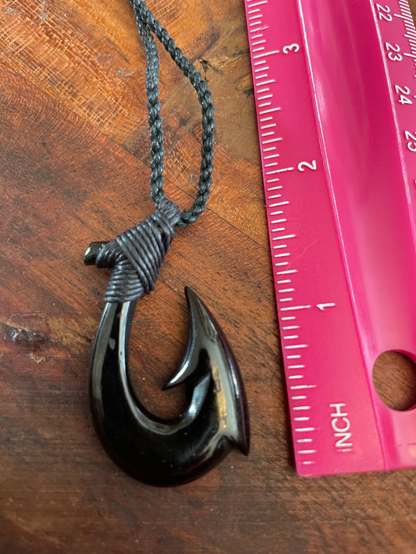 Onyx Solid Buffalo Bone/Horn, Hand Carved, Hei Makau ( Fish Hook) Adjustable Necklace