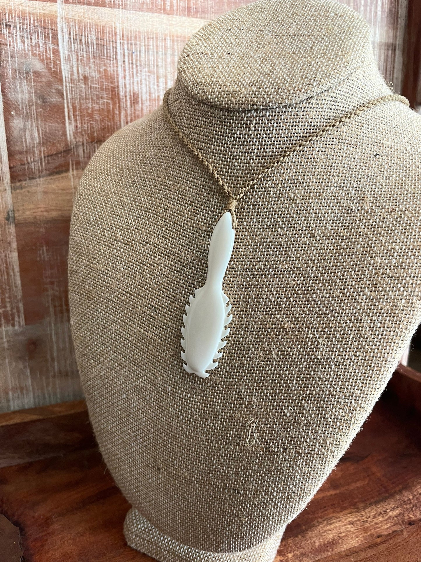 Hand Carved Buffalo Bone Hawaiian Club Pendant, Adjustable Hemp Cord