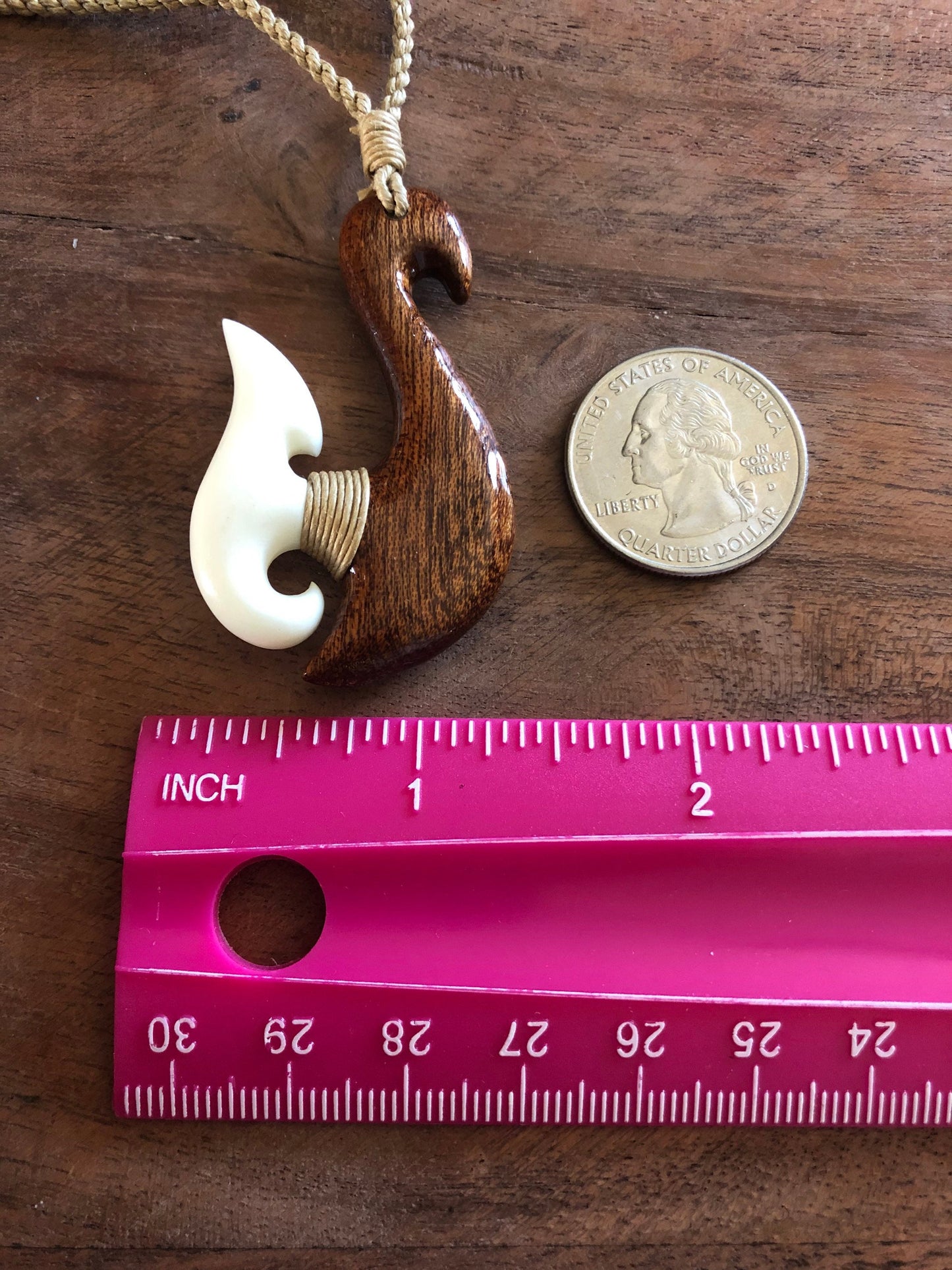 Hand Carved Bone & Koa Wood Fish Hook Necklace - Adjustable Hei Makau