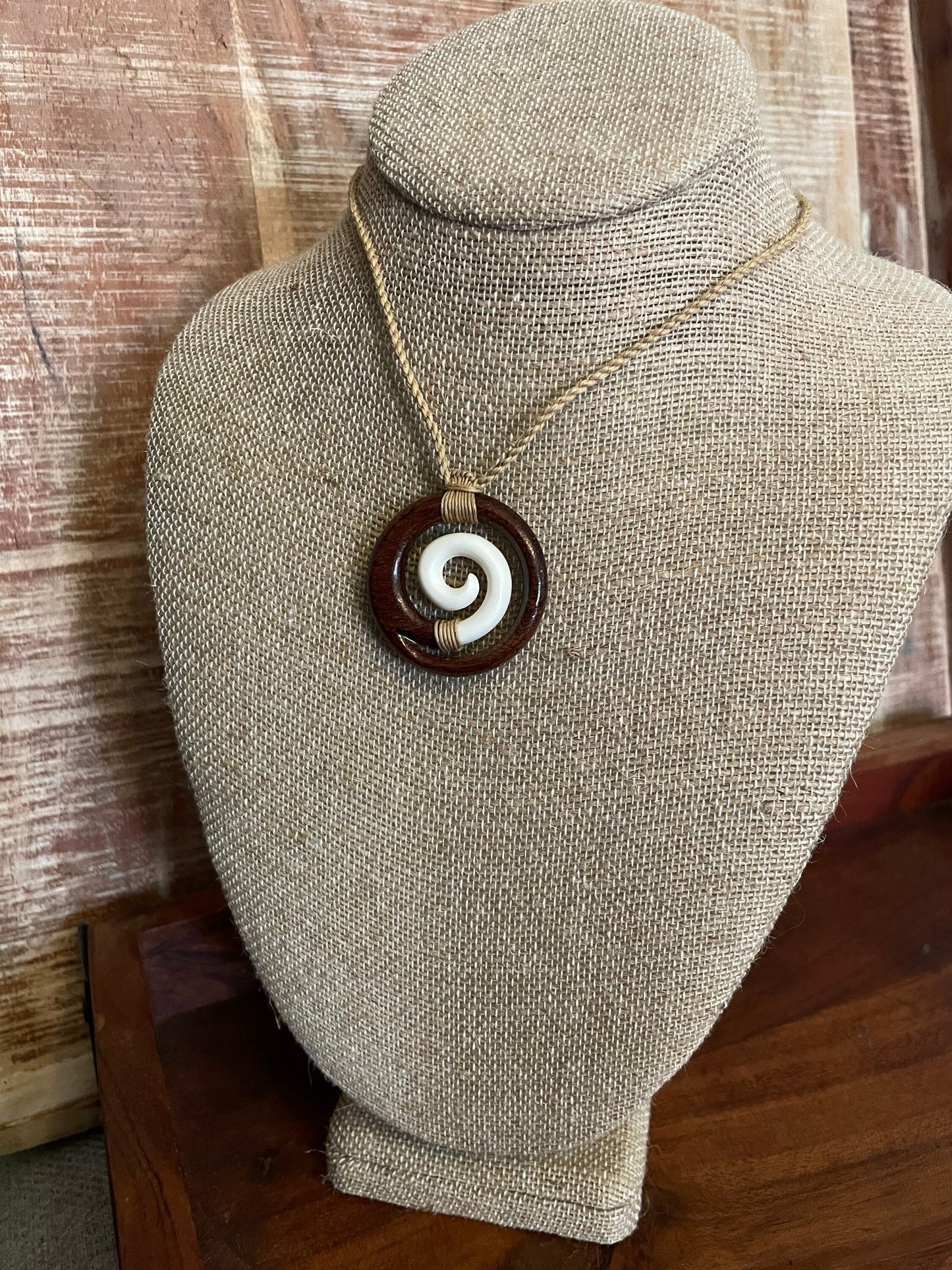 Solid Buffalo Bone and Koa Wood Adjustable Koru Necklace- Hawaiian Representation “Never Give-Up”