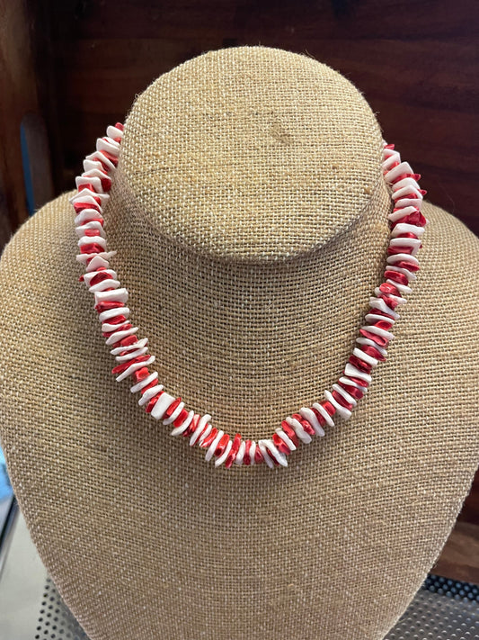 Red and White Puka Shell Necklace - Striped Retro Style, .925 Silver Clasp